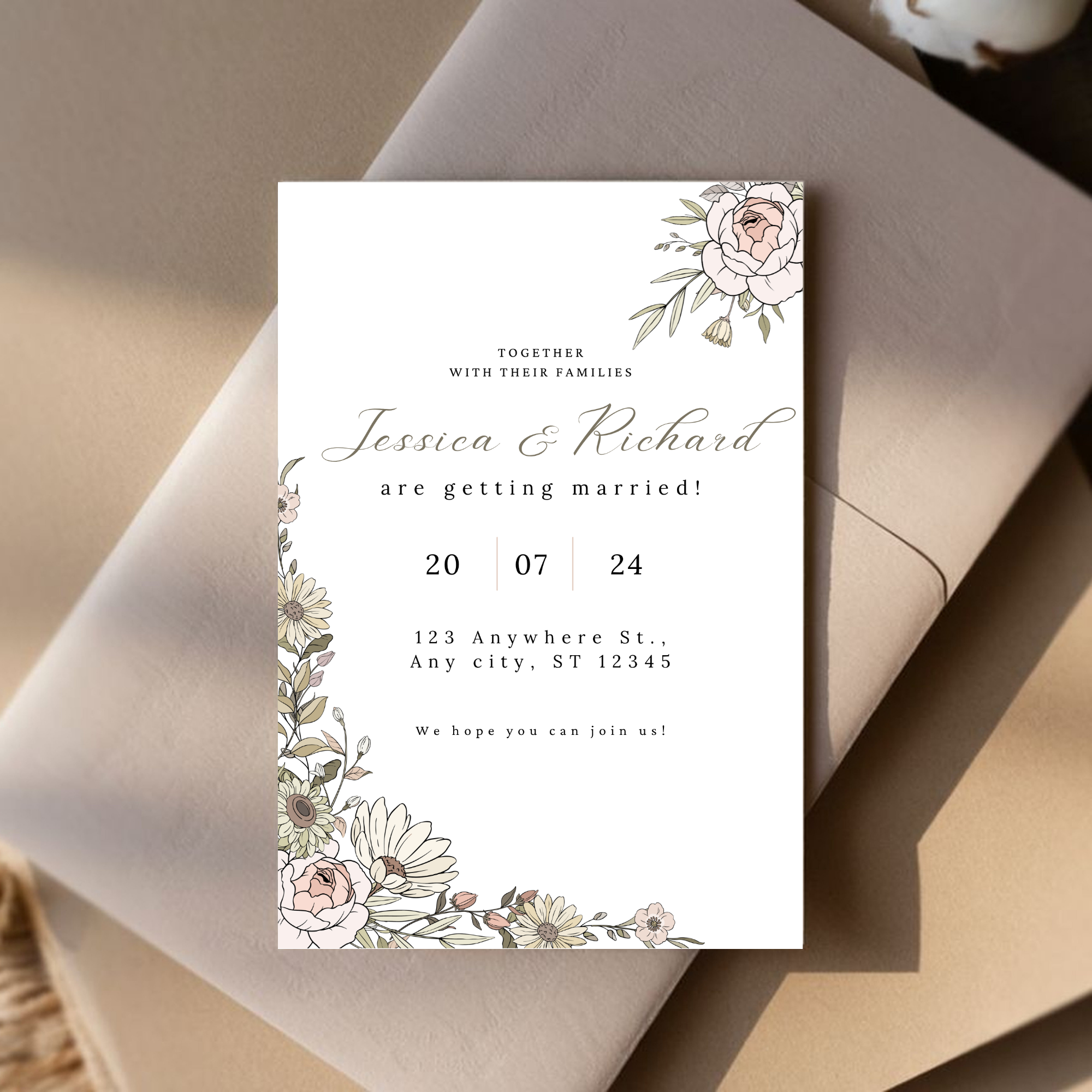 Beige Floral Wedding Invitation