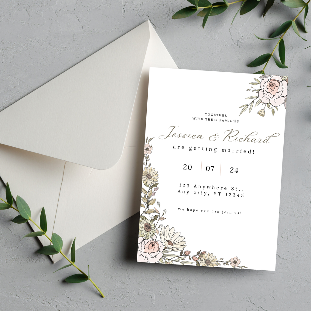 Beige Floral Wedding Invitation