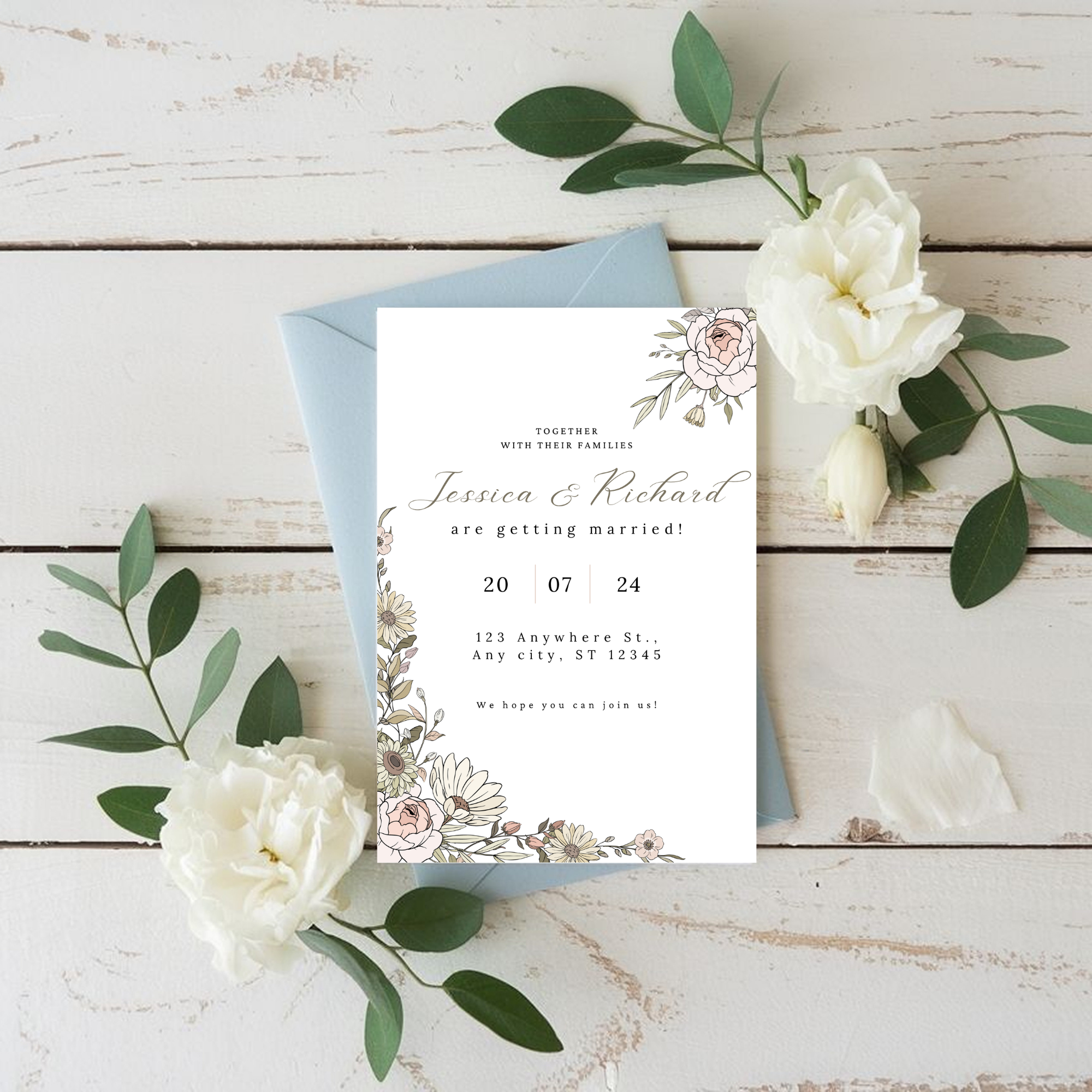 Beige Floral Wedding Invitation