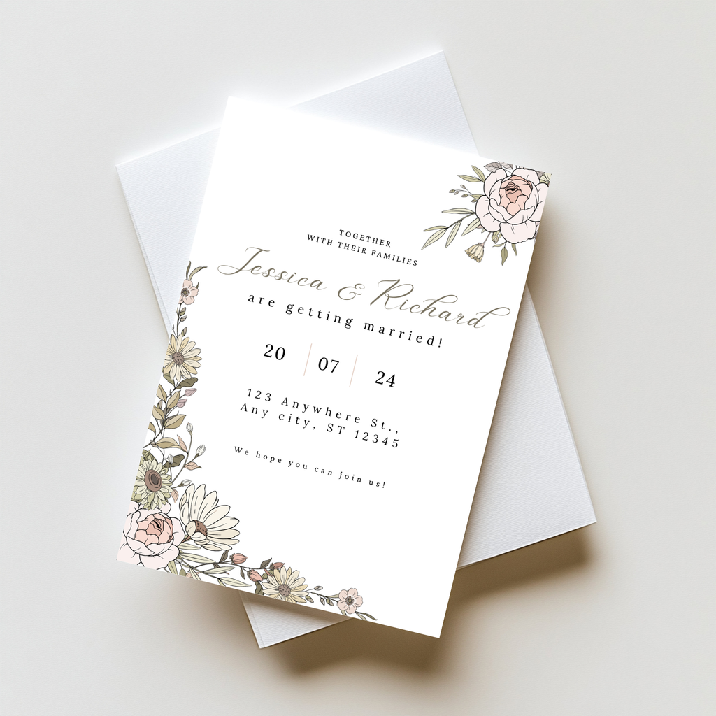 Beige Floral Wedding Invitation