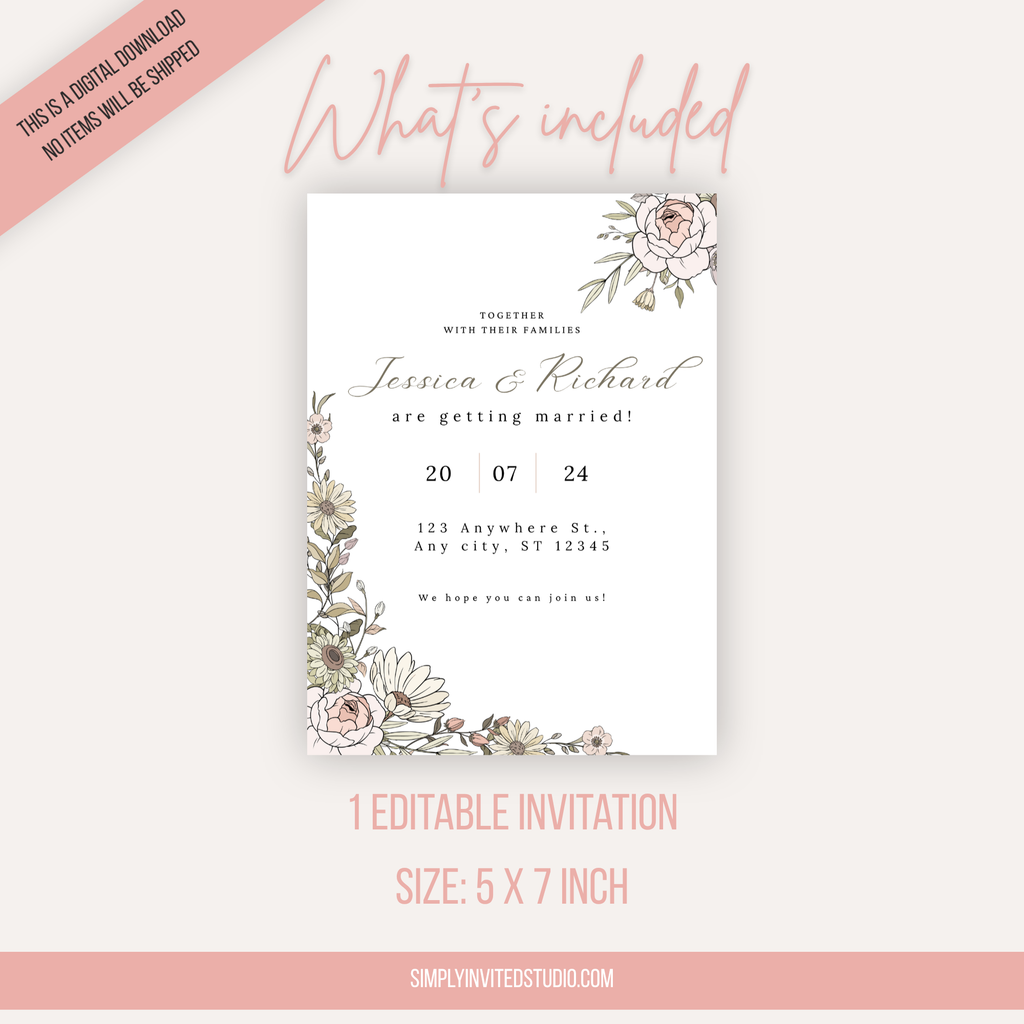 Beige Floral Wedding Invitation