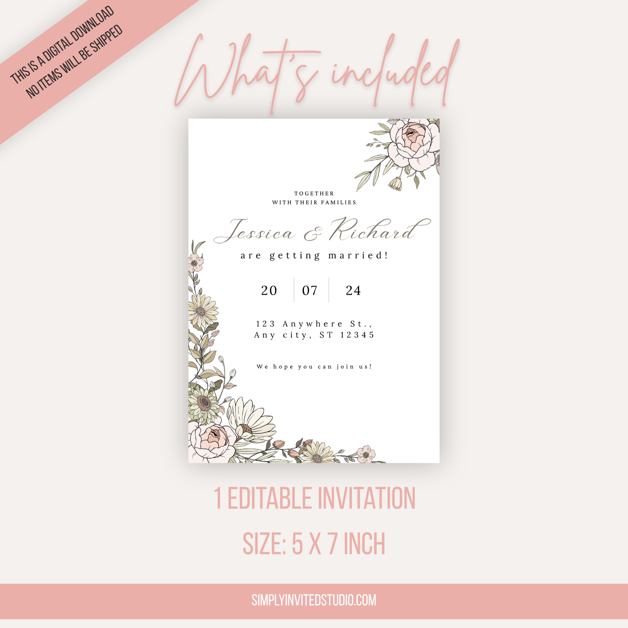 Beige Floral Wedding Invitation