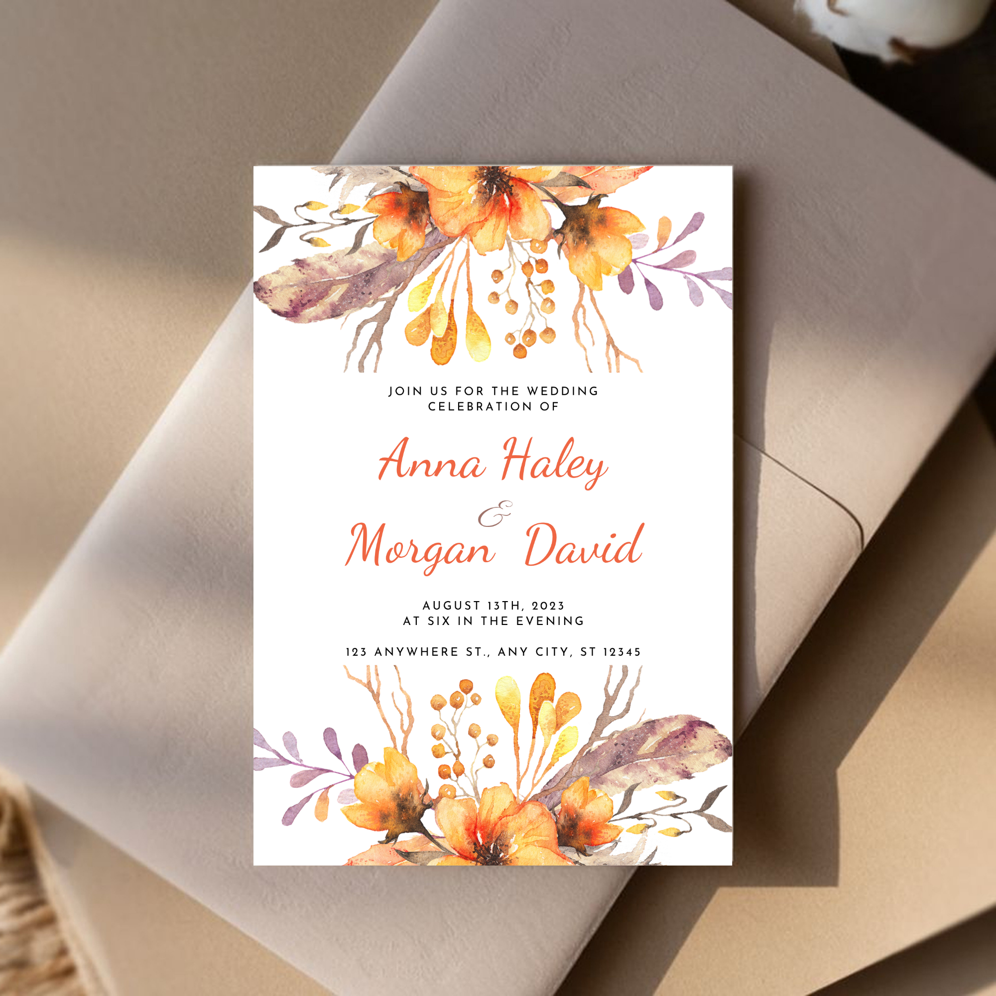 Orange Floral Wedding Invitation
