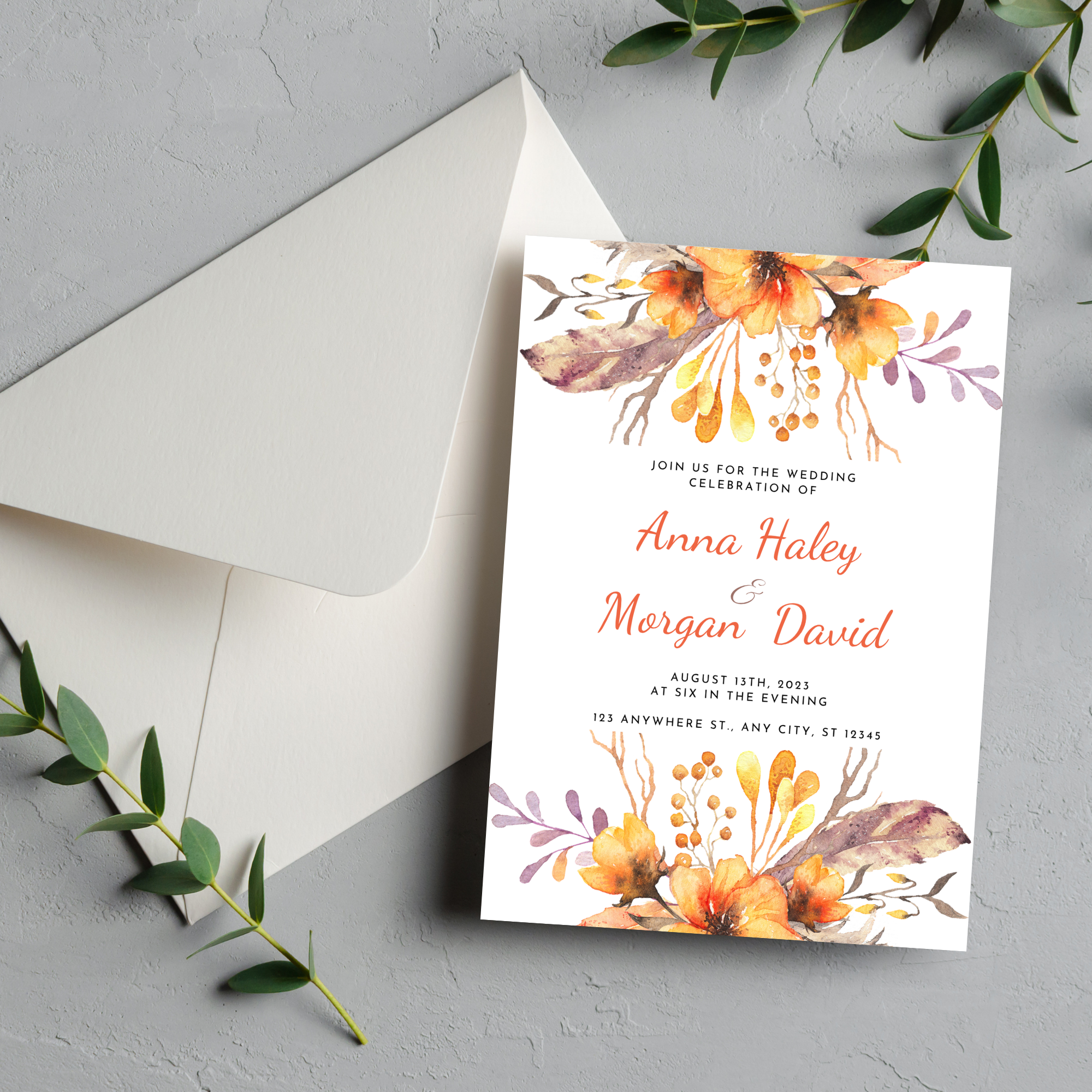 Orange Floral Wedding Invitation