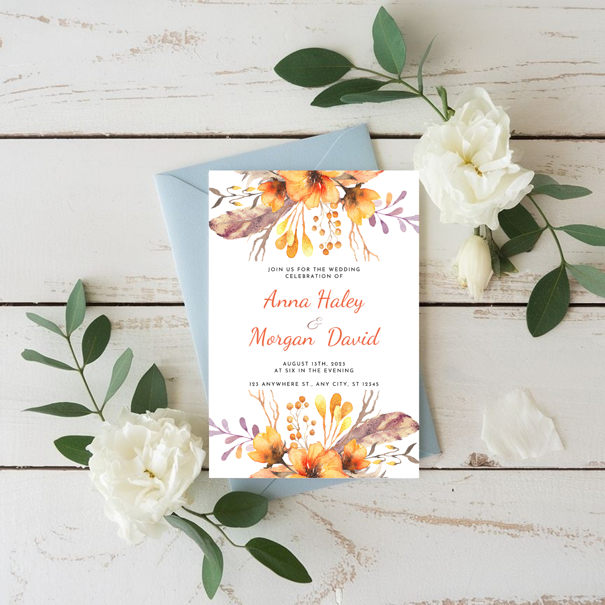 Orange Floral Wedding Invitation