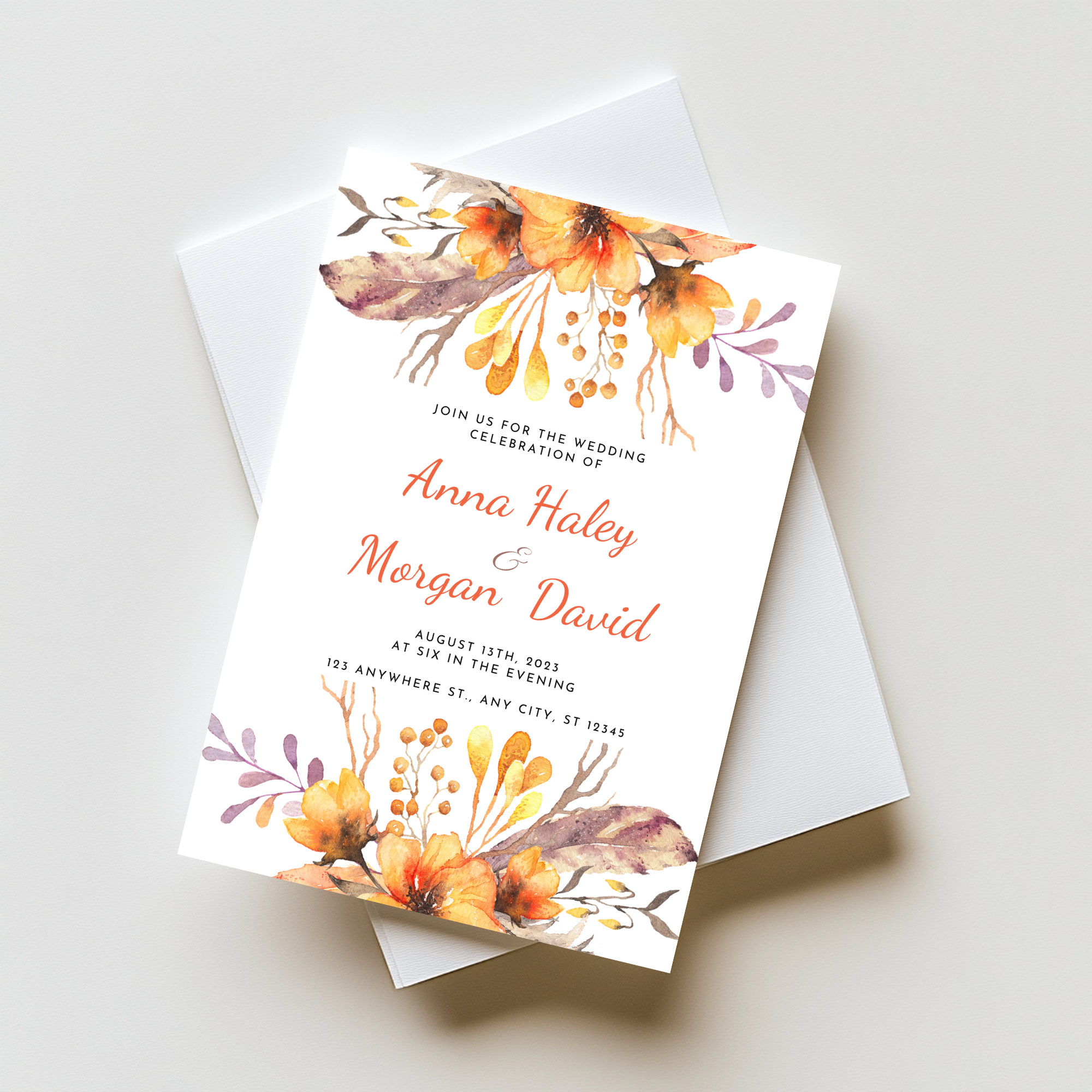Orange Floral Wedding Invitation