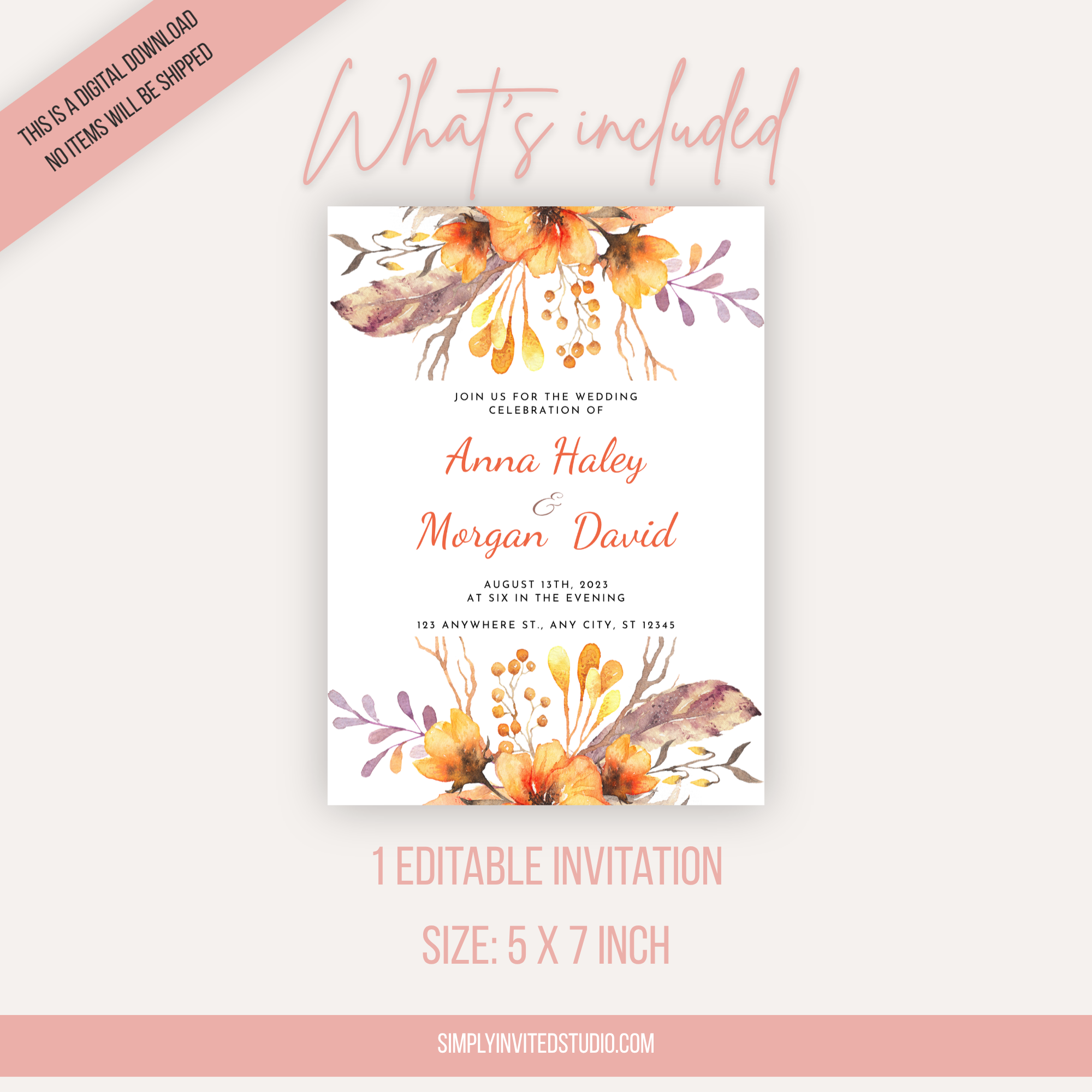 Orange Floral Wedding Invitation