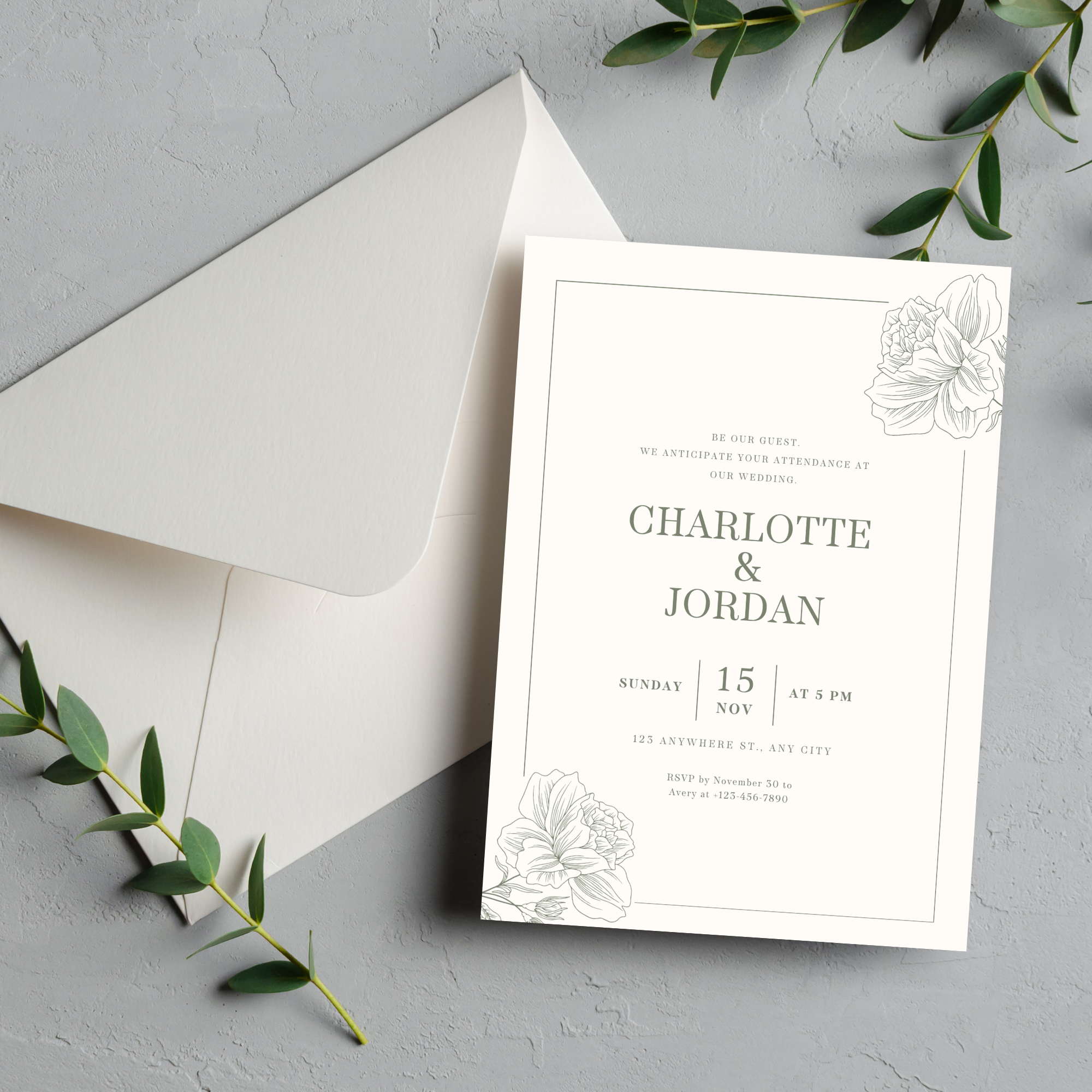 Elegant Sage Wedding Invitation