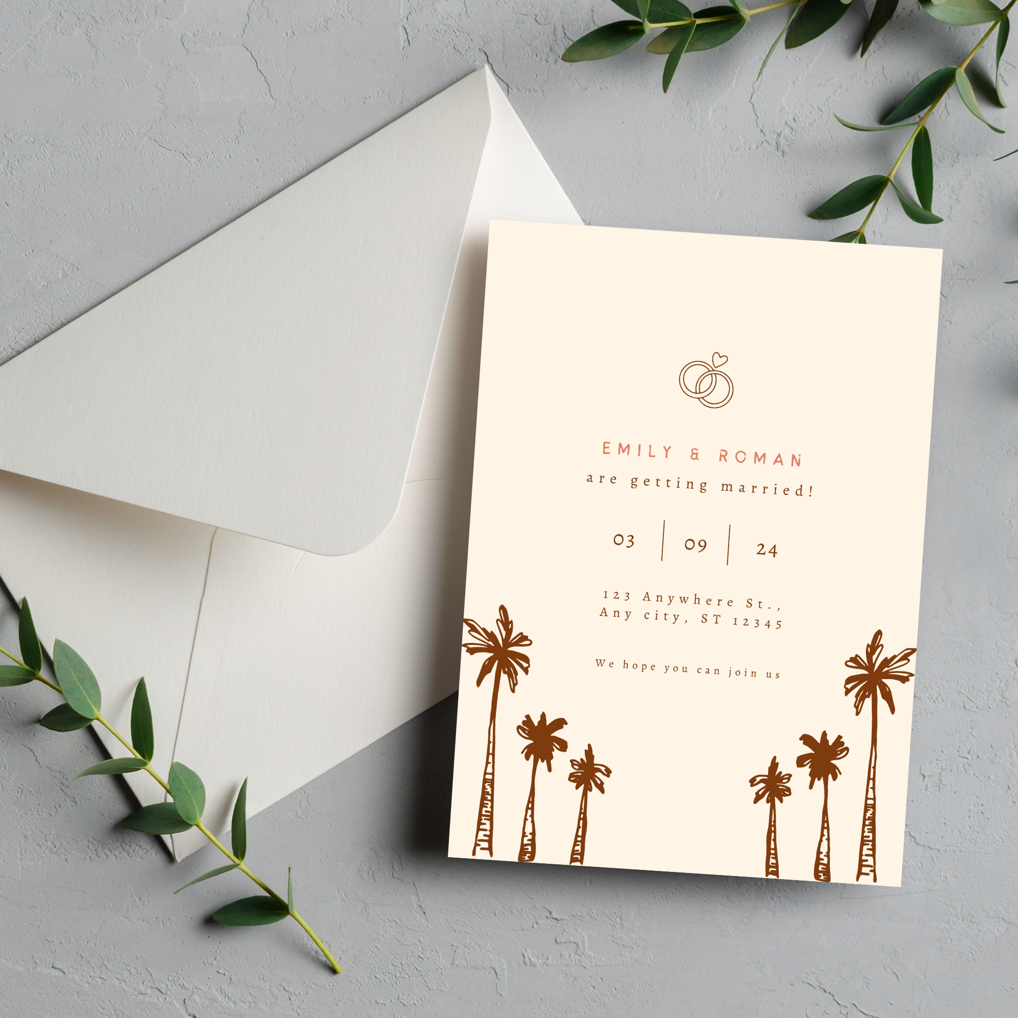 Beige Palm Tree Wedding Invitation