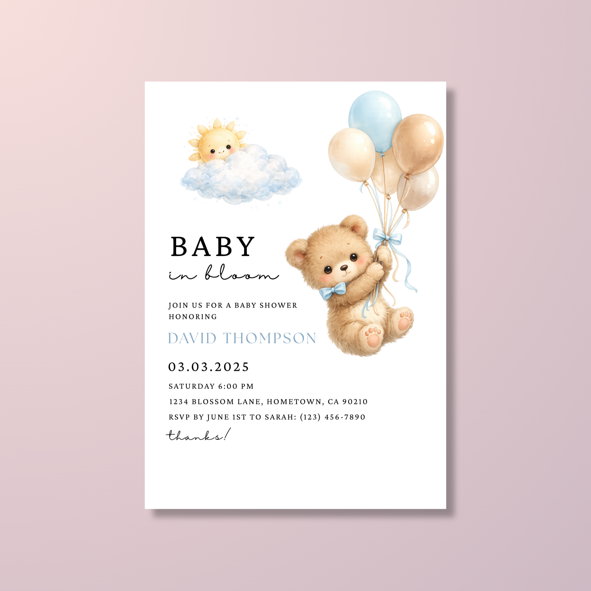 Cute Blue Teddy Bear Baby Shower Invite