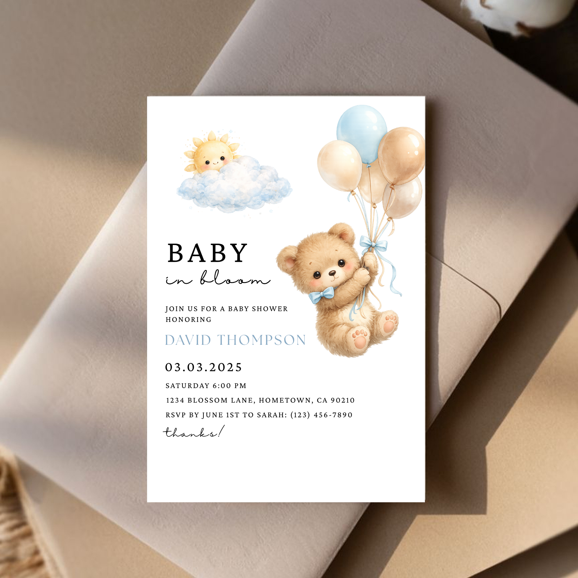Cute Blue Teddy Bear Baby Shower Invite