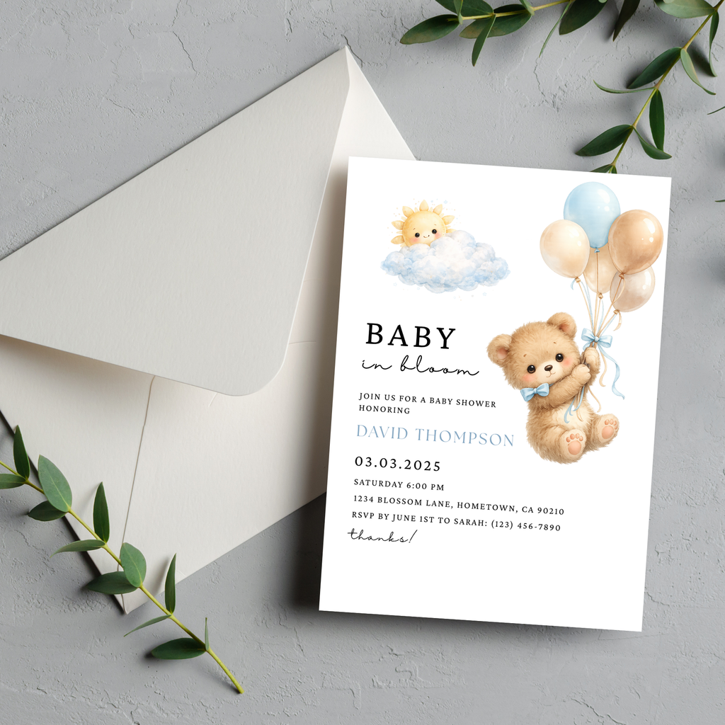 Cute Blue Teddy Bear Baby Shower Invite