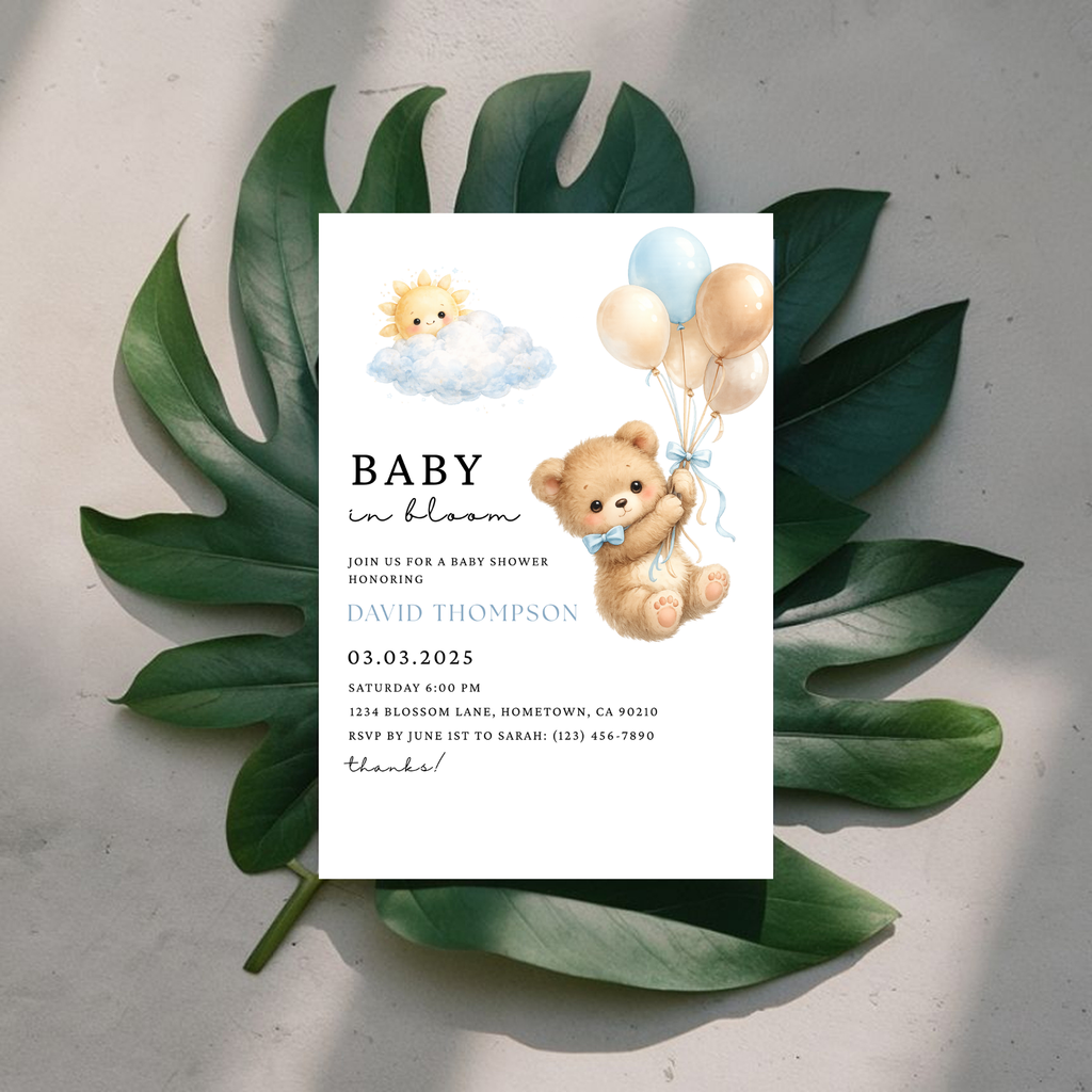 Cute Blue Teddy Bear Baby Shower Invite