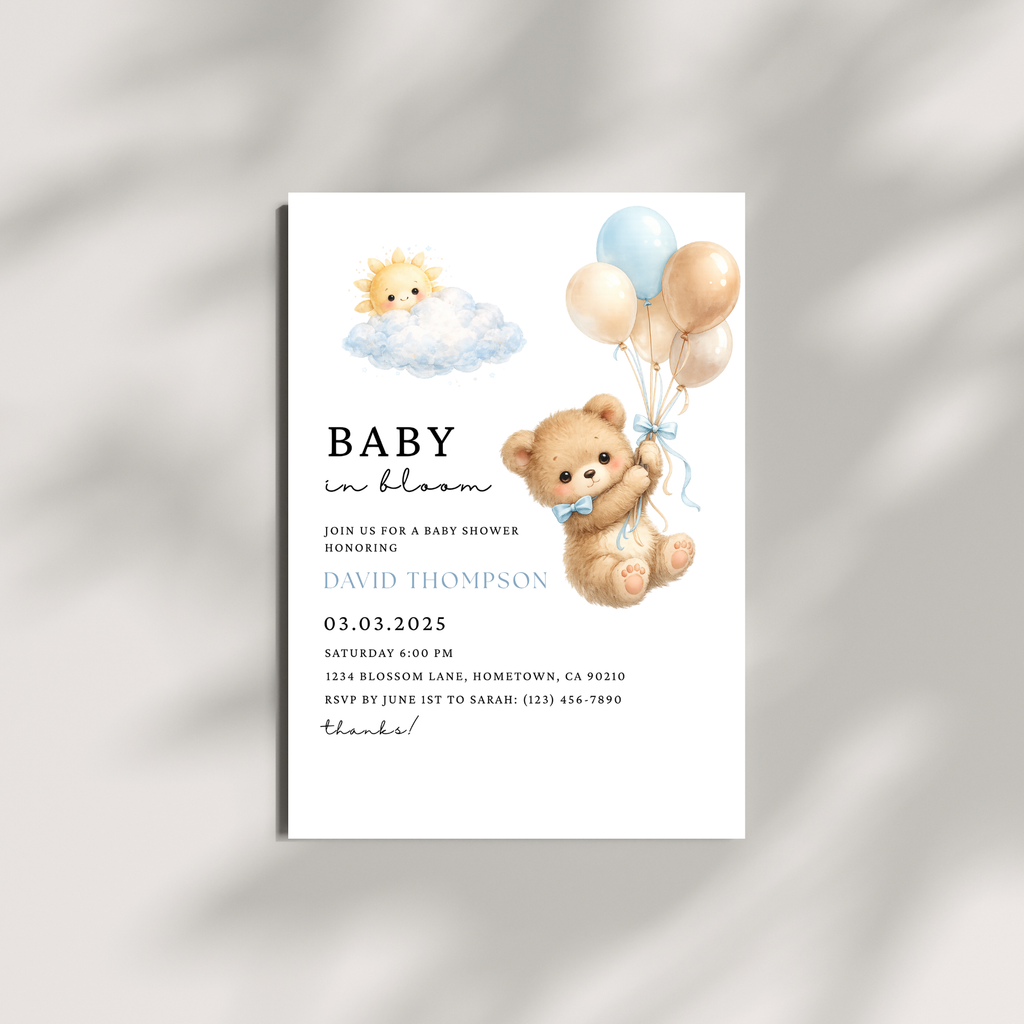 Cute Blue Teddy Bear Baby Shower Invite