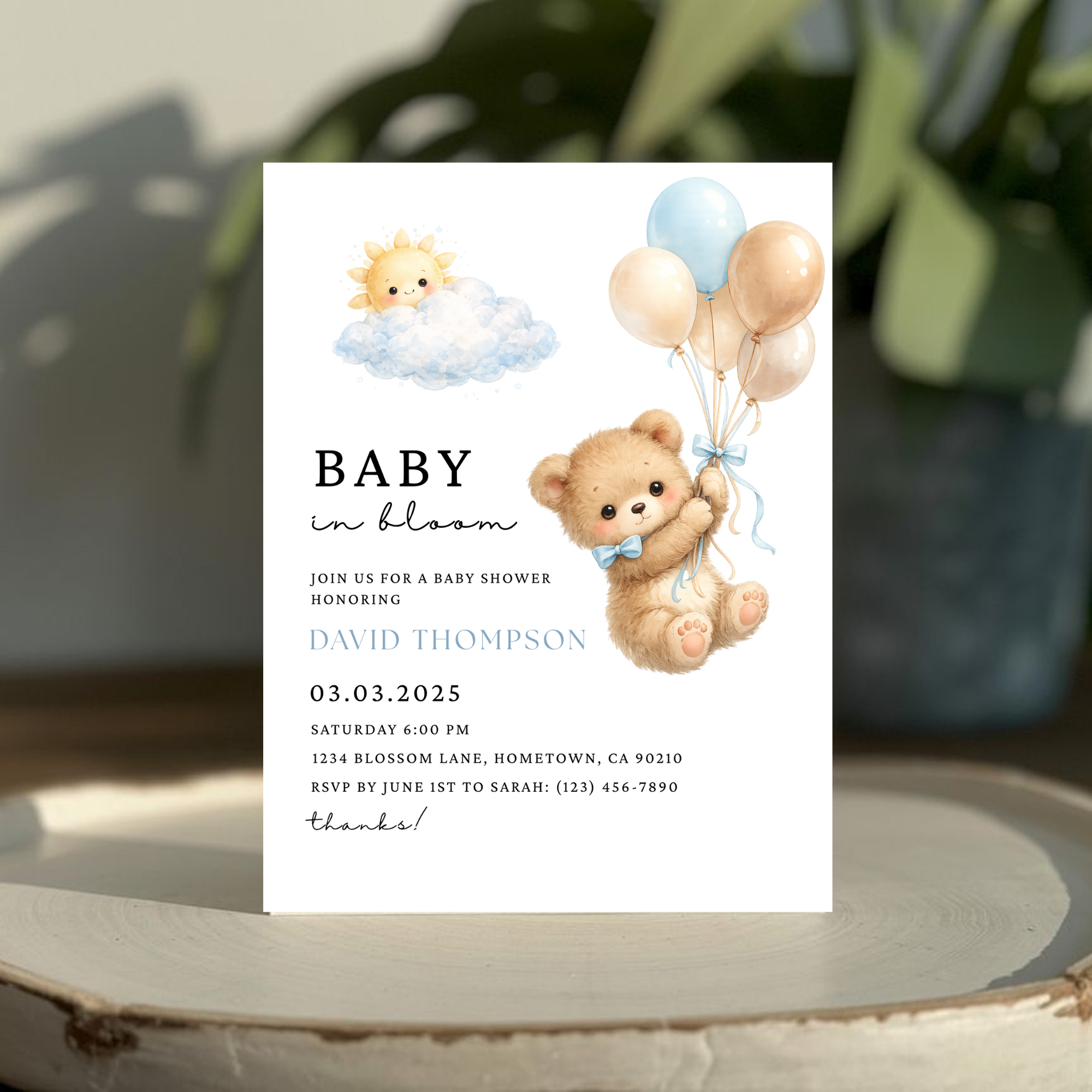 Cute Blue Teddy Bear Baby Shower Invite