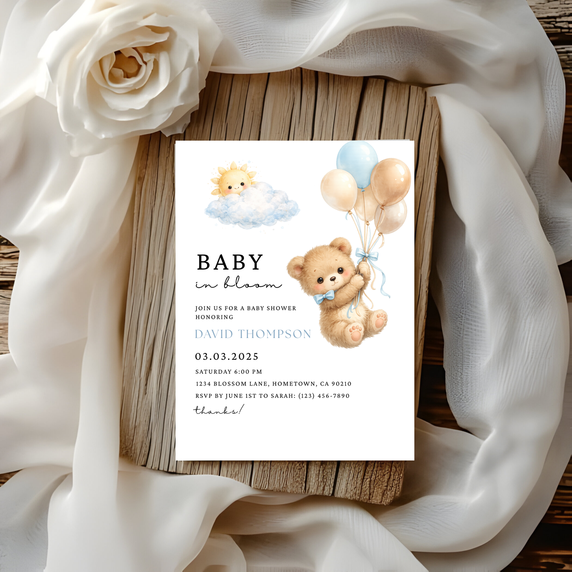 Cute Blue Teddy Bear Baby Shower Invite