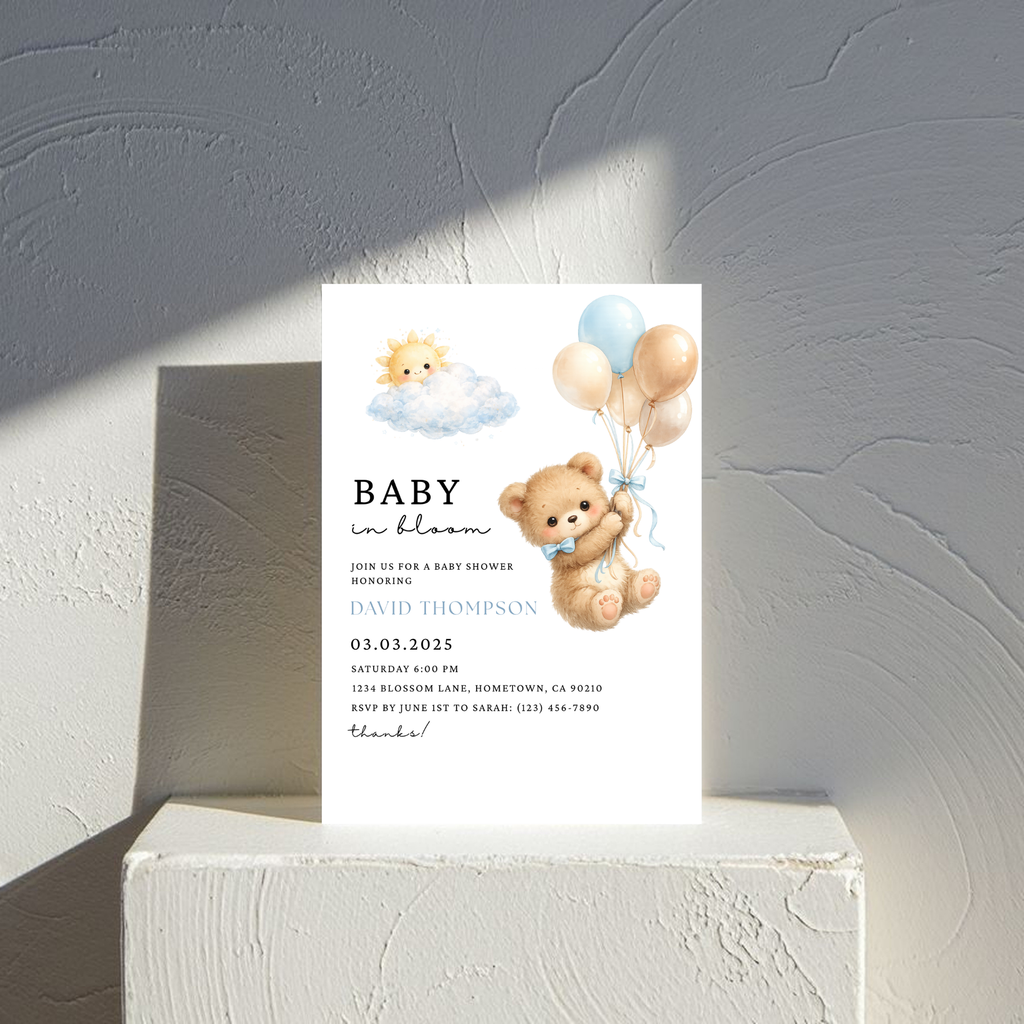 Cute Blue Teddy Bear Baby Shower Invite