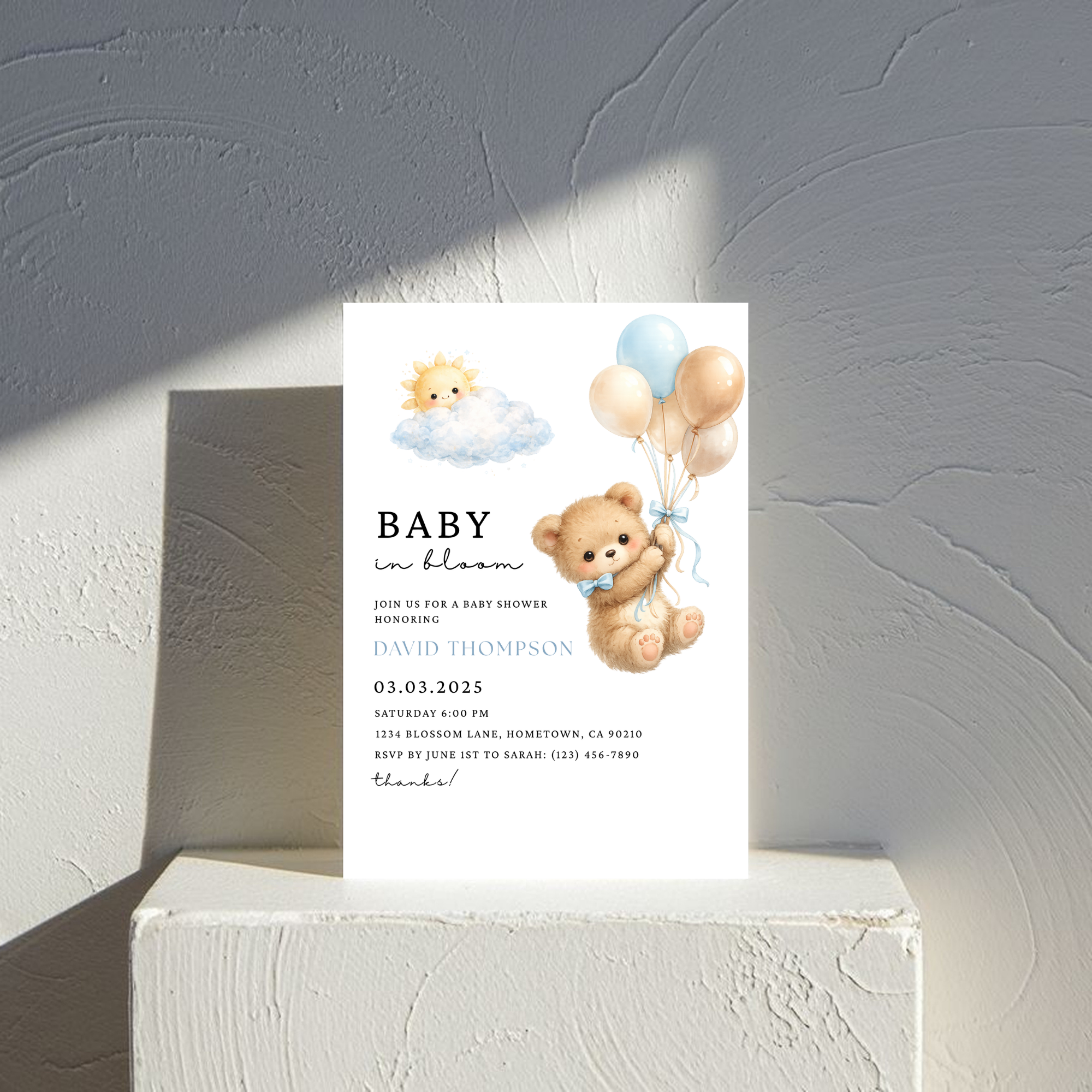 Cute Blue Teddy Bear Baby Shower Invite