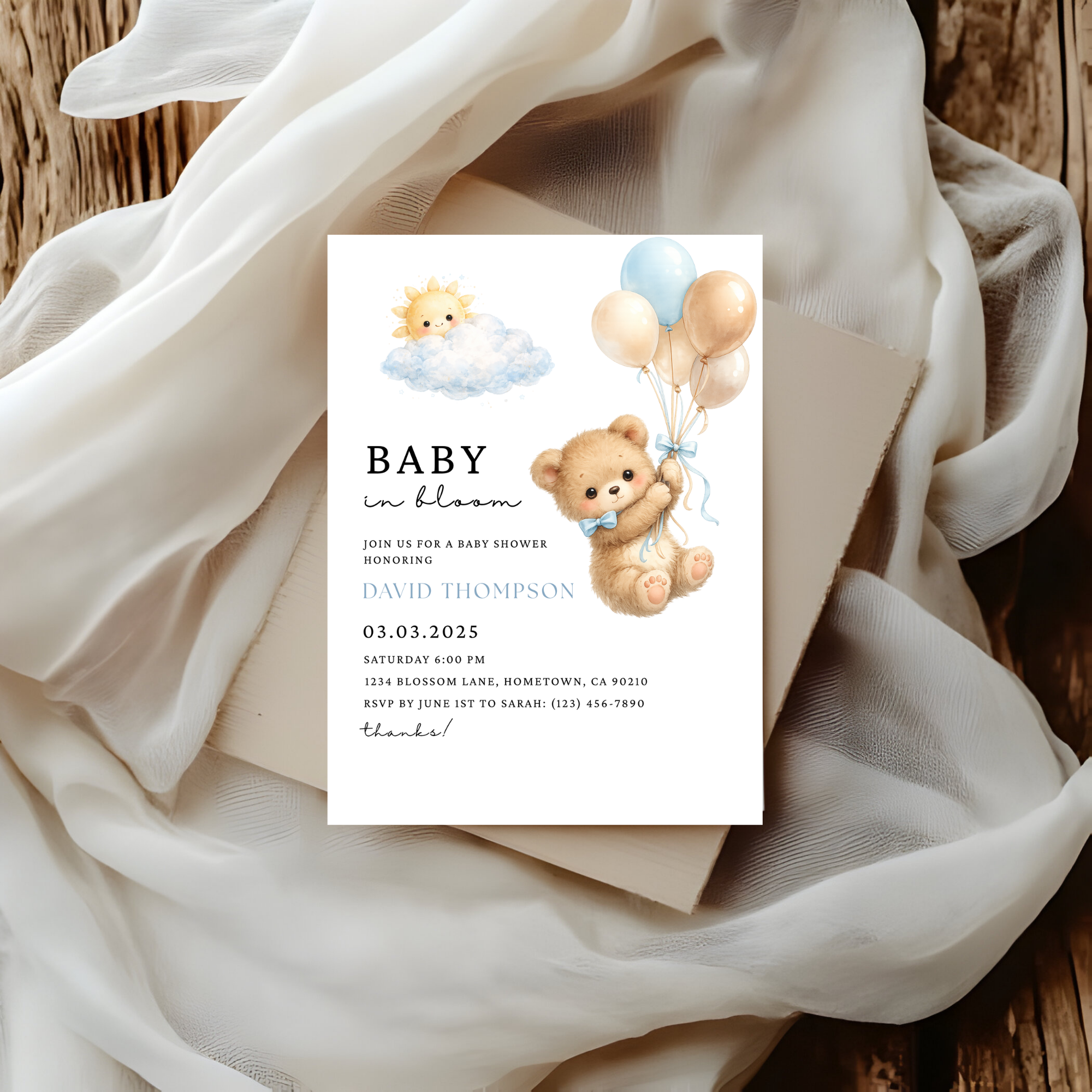 Cute Blue Teddy Bear Baby Shower Invite