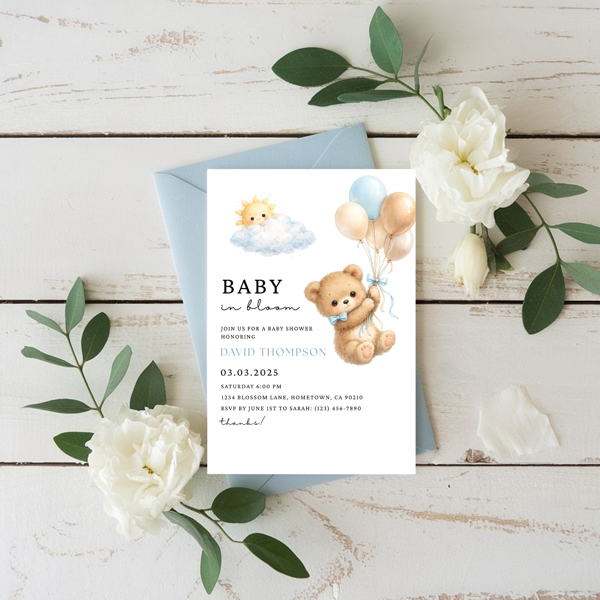Cute Blue Teddy Bear Baby Shower Invite