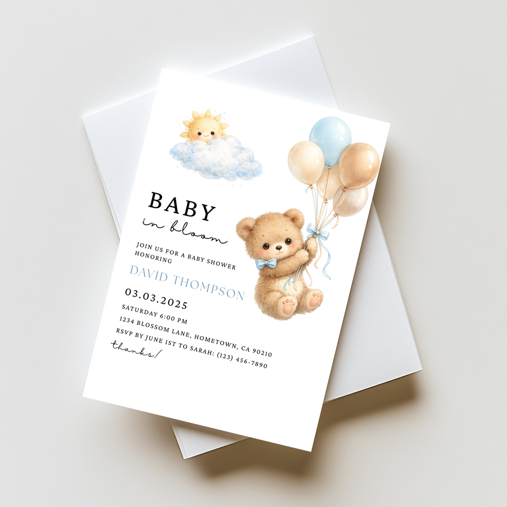Cute Blue Teddy Bear Baby Shower Invite