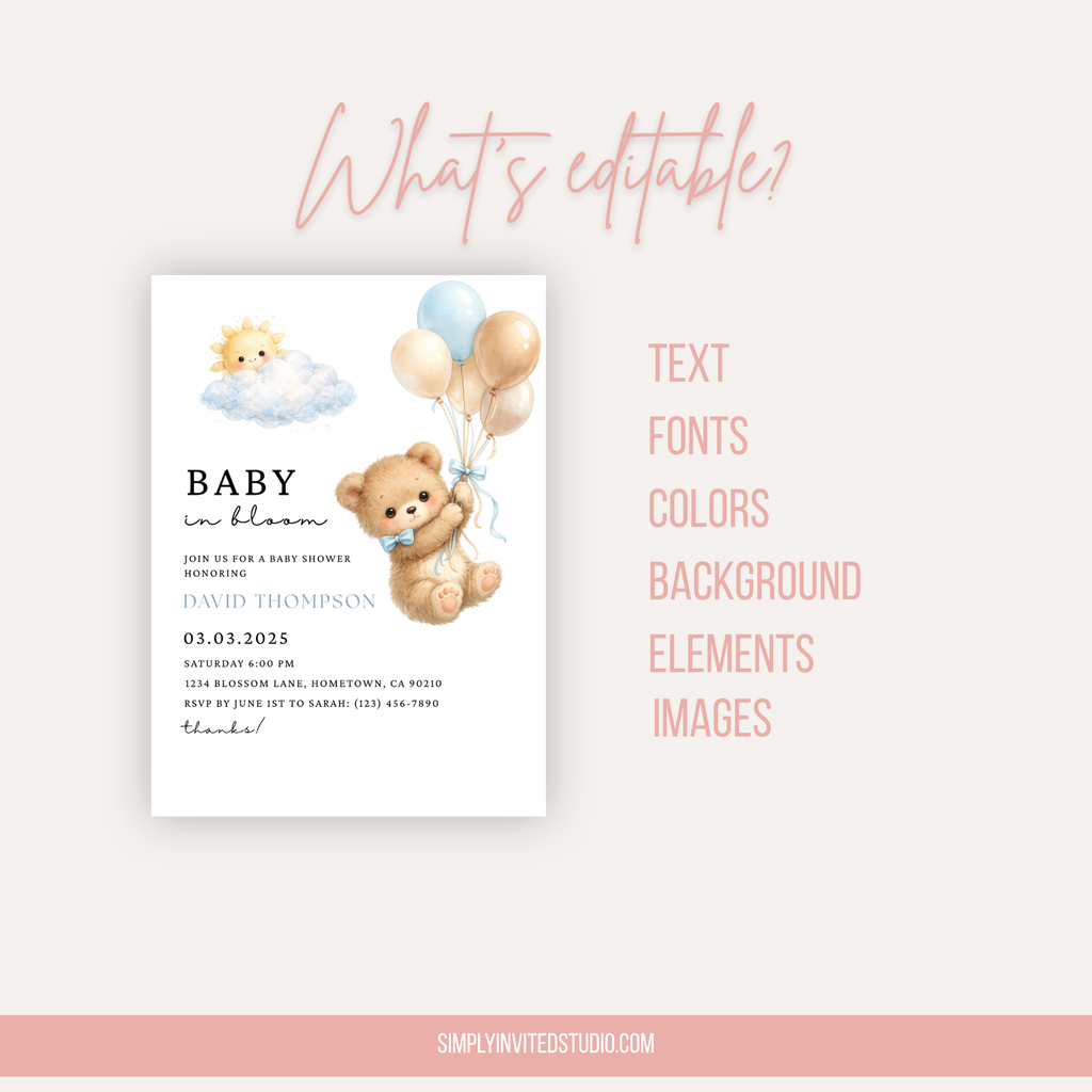 Cute Blue Teddy Bear Baby Shower Invite