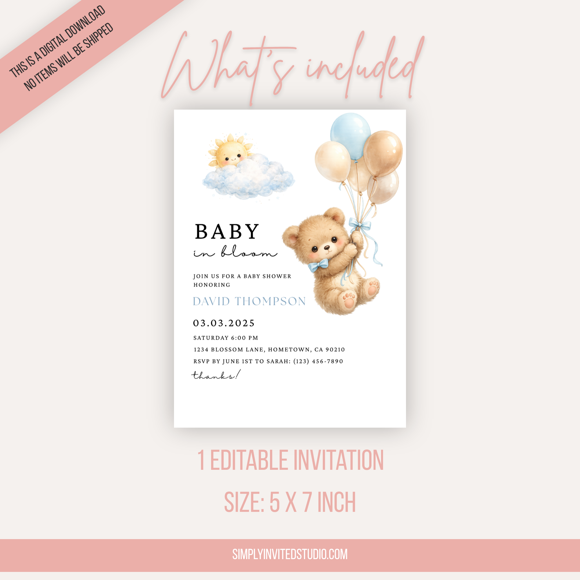 Cute Blue Teddy Bear Baby Shower Invite
