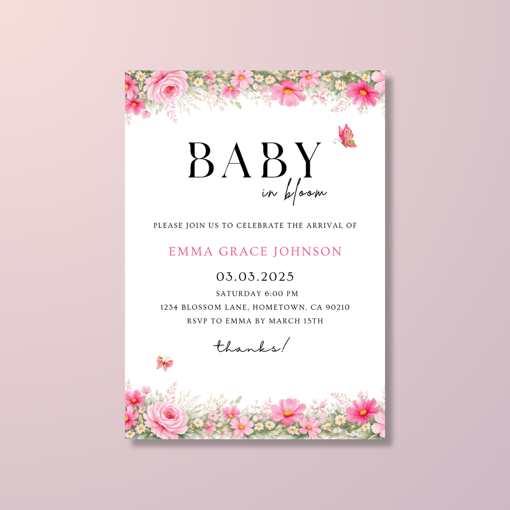 Pink Floral Baby Shower Invitation