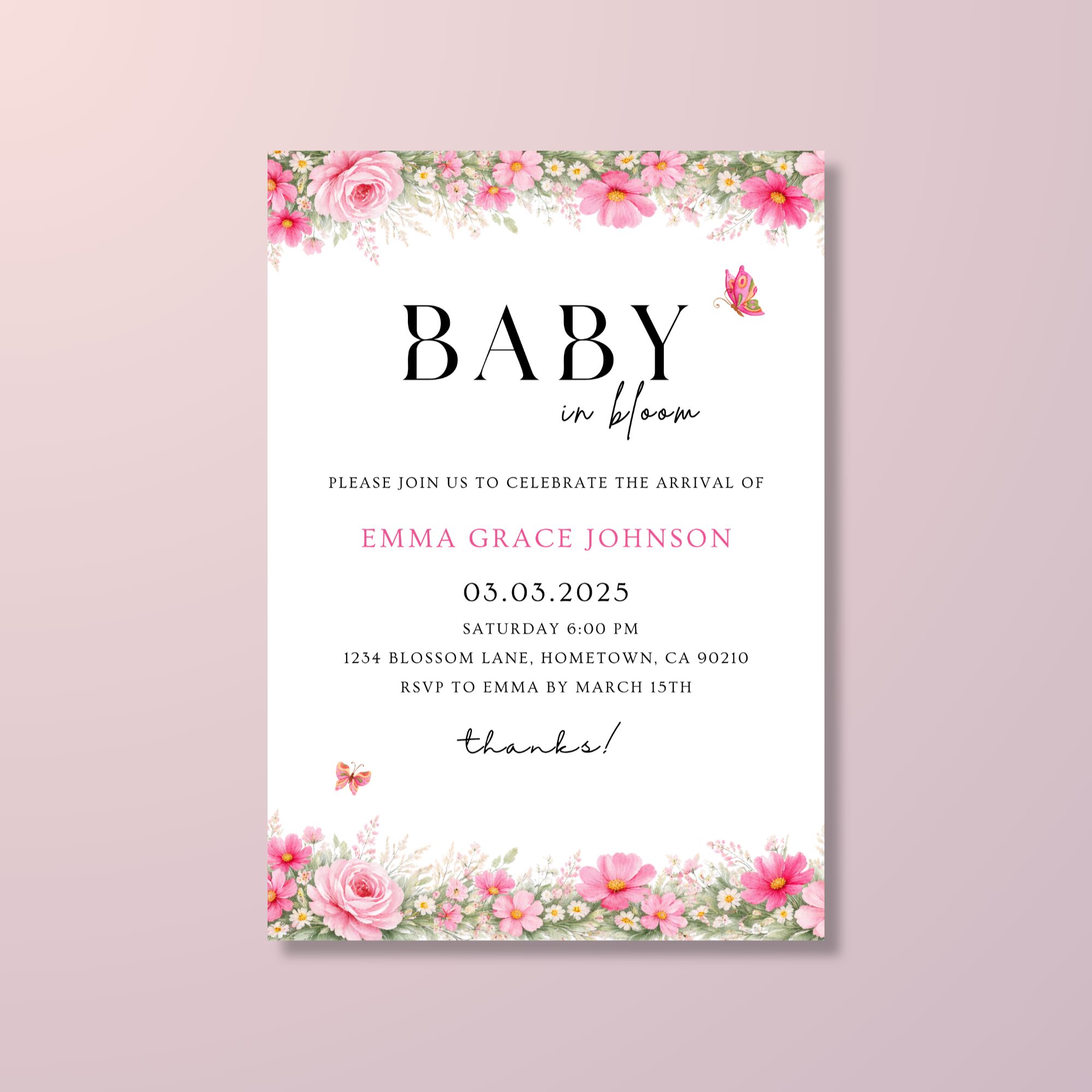 Pink Floral Baby Shower Invitation