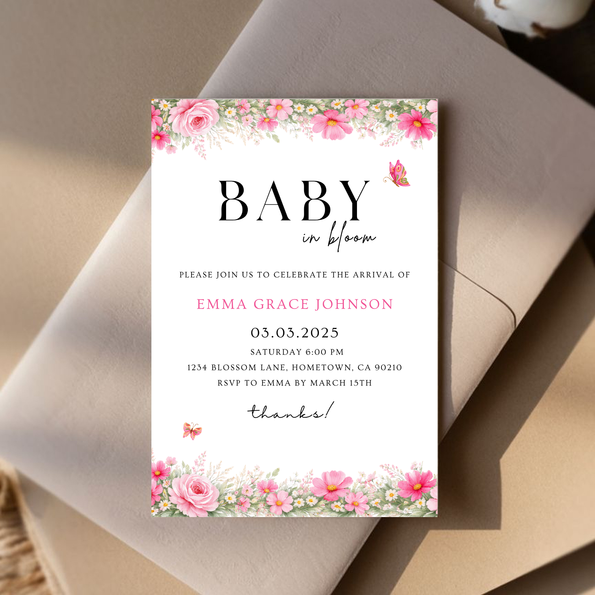 Pink Floral Baby Shower Invitation