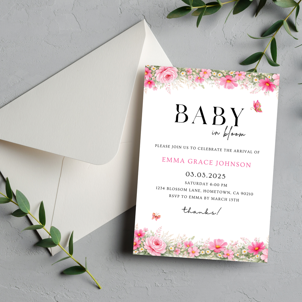 Pink Floral Baby Shower Invitation