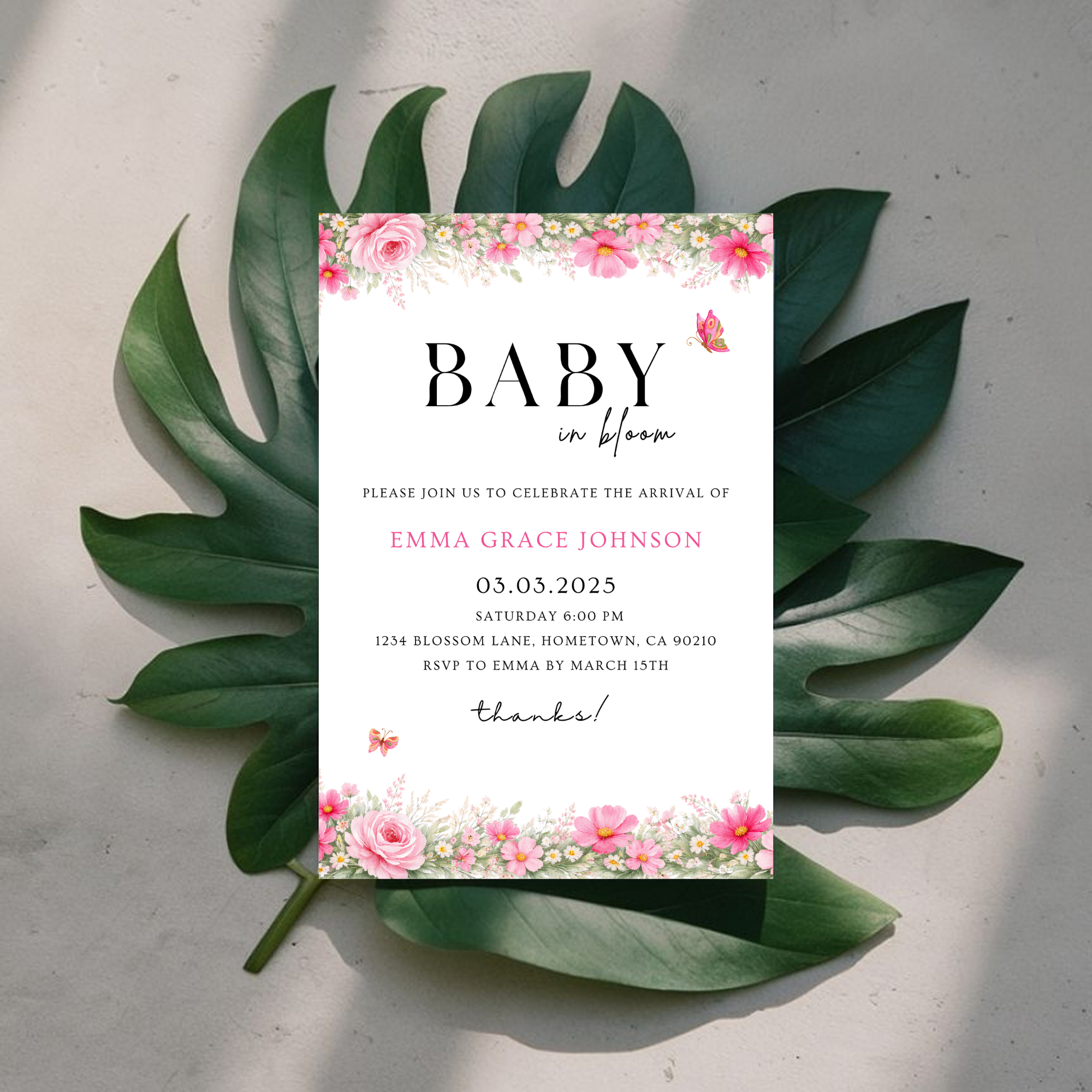 Pink Floral Baby Shower Invitation