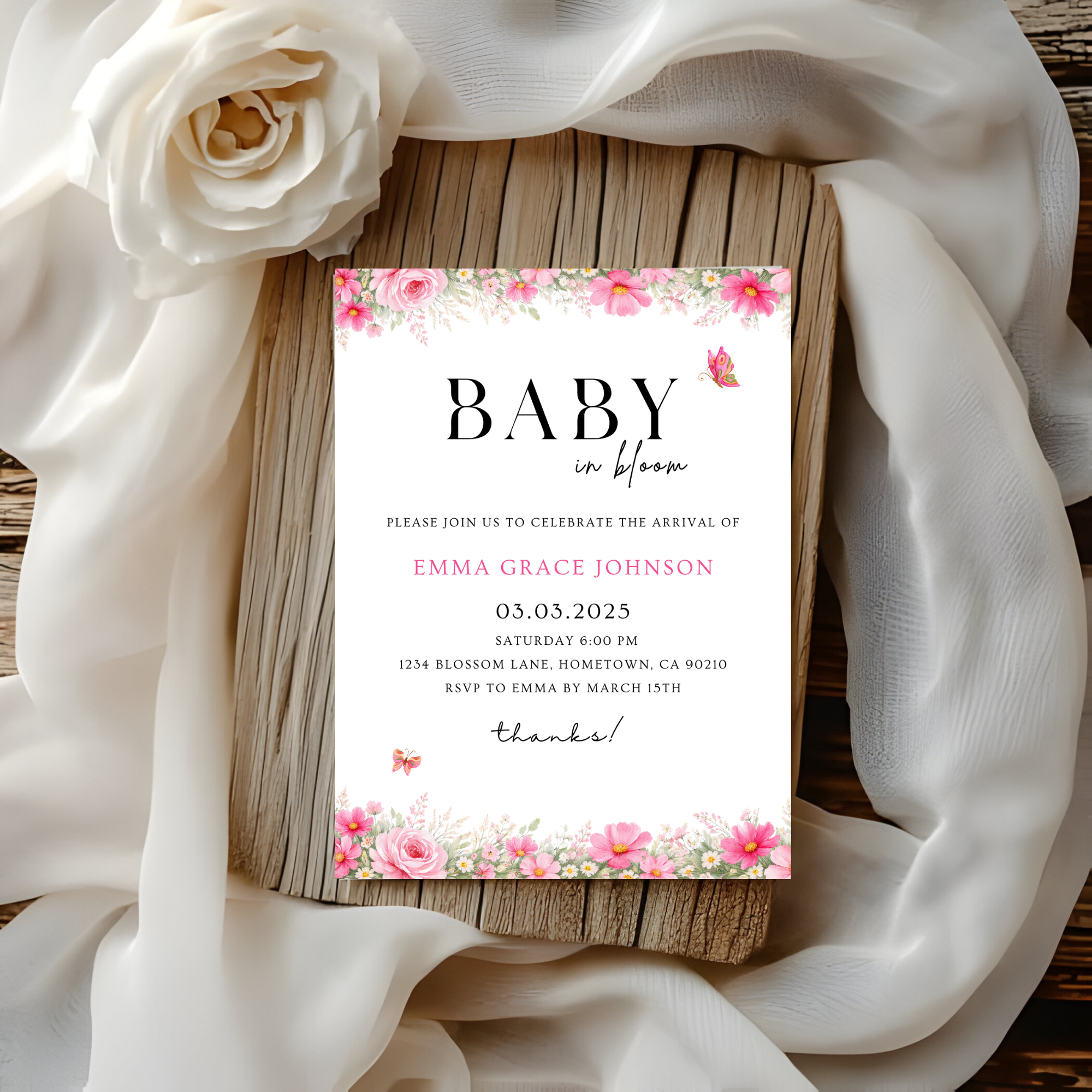Pink Floral Baby Shower Invitation