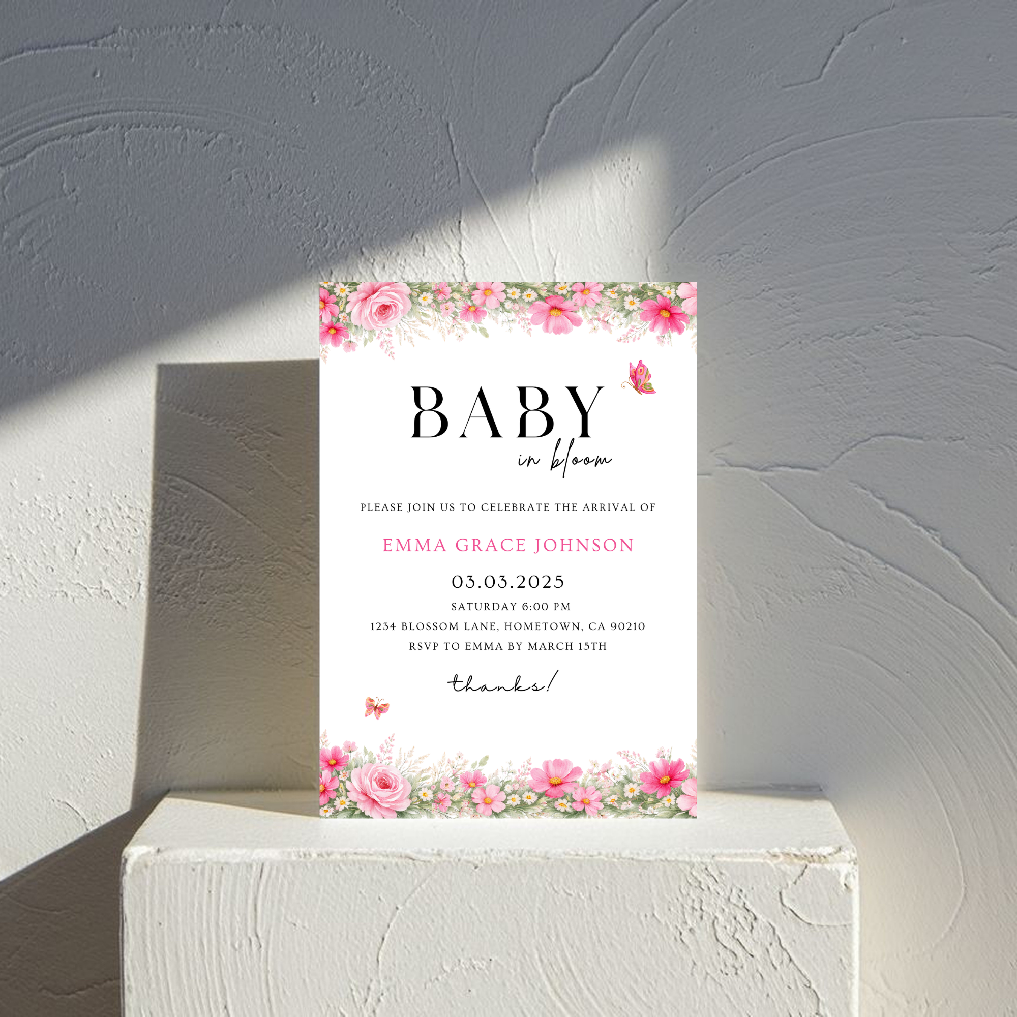 Pink Floral Baby Shower Invitation