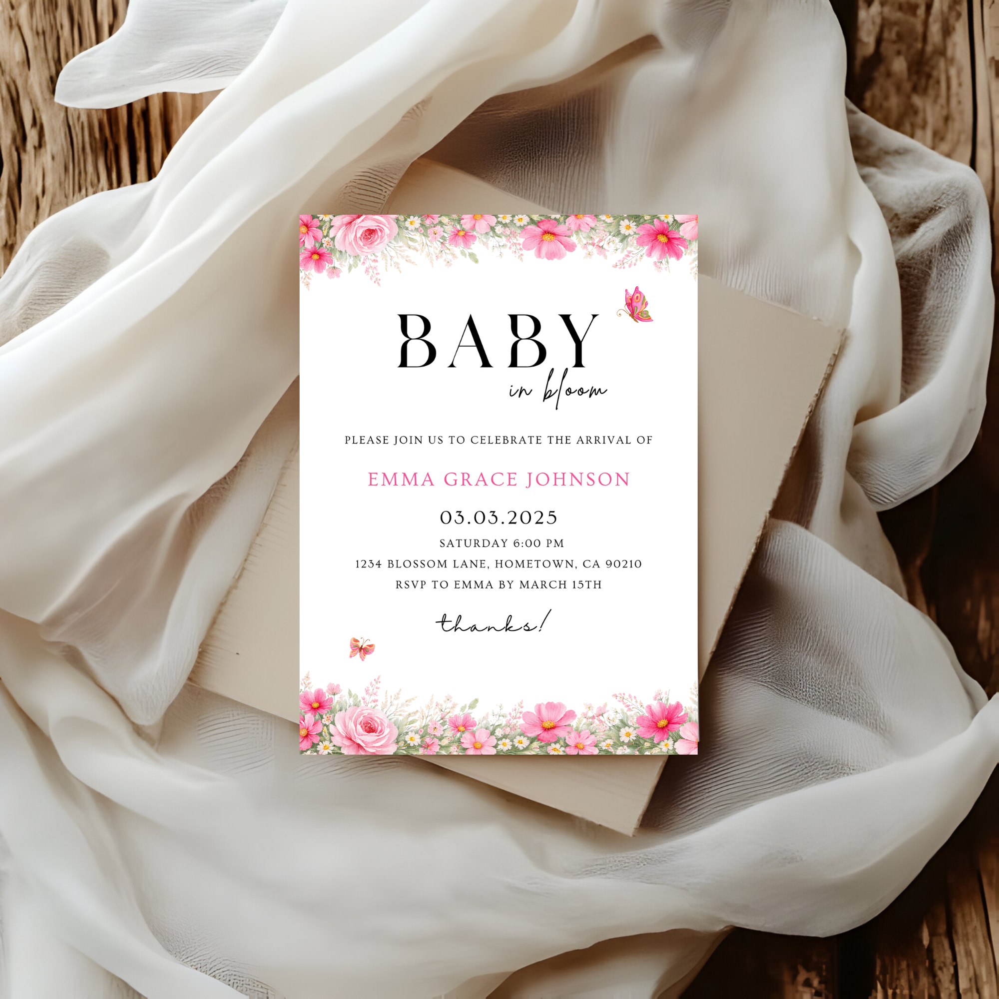 Pink Floral Baby Shower Invitation