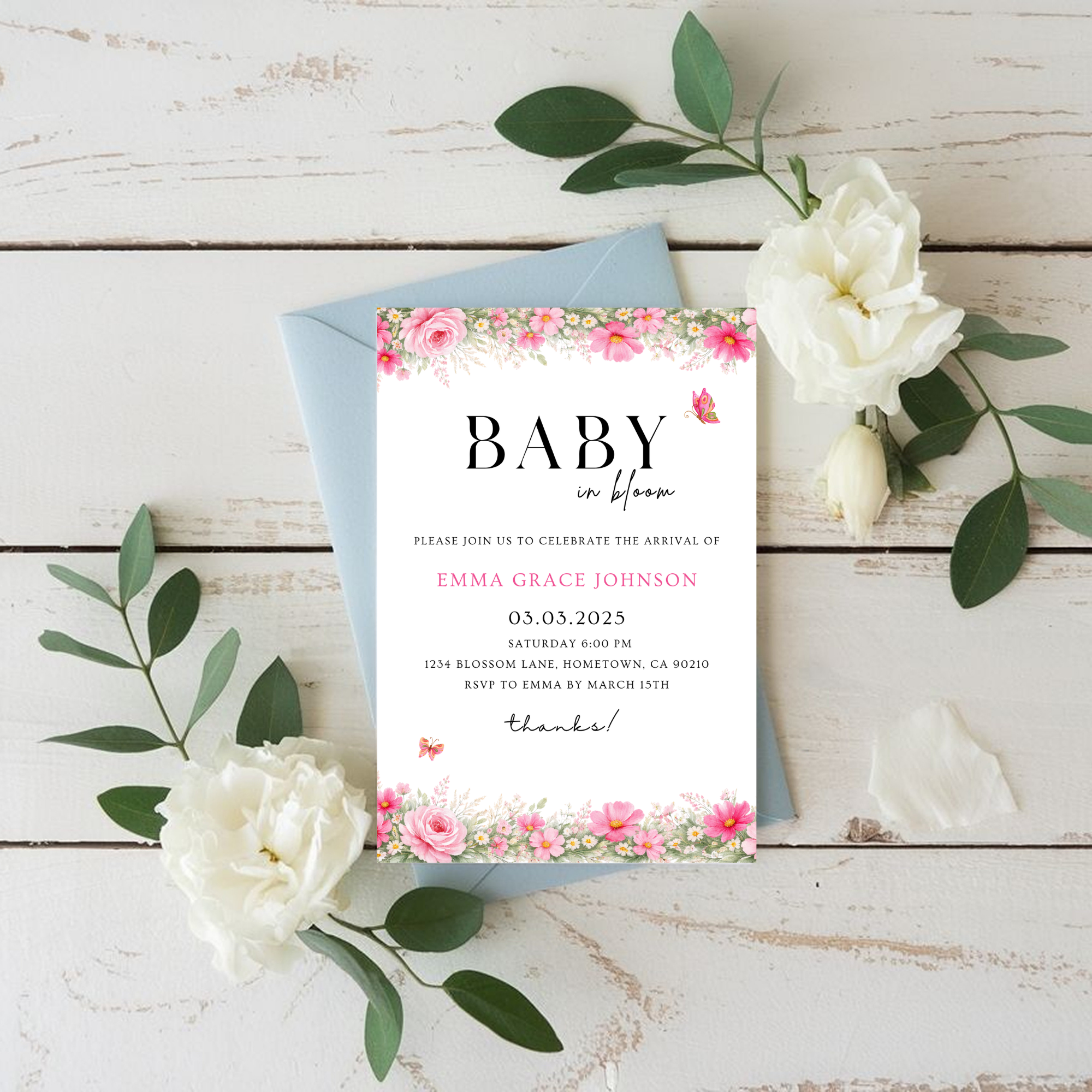 Pink Floral Baby Shower Invitation