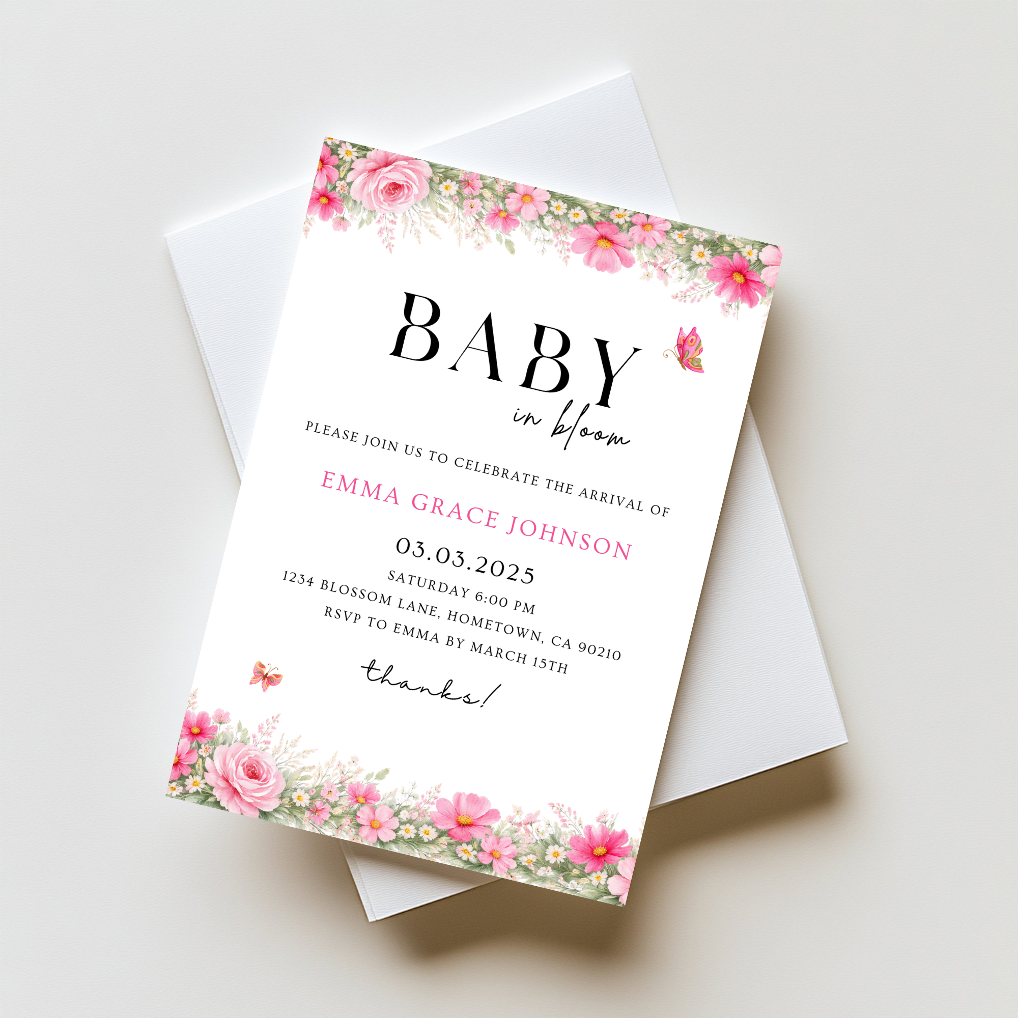 Pink Floral Baby Shower Invitation