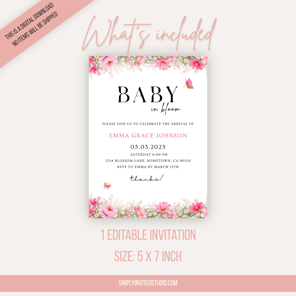 Pink Floral Baby Shower Invitation