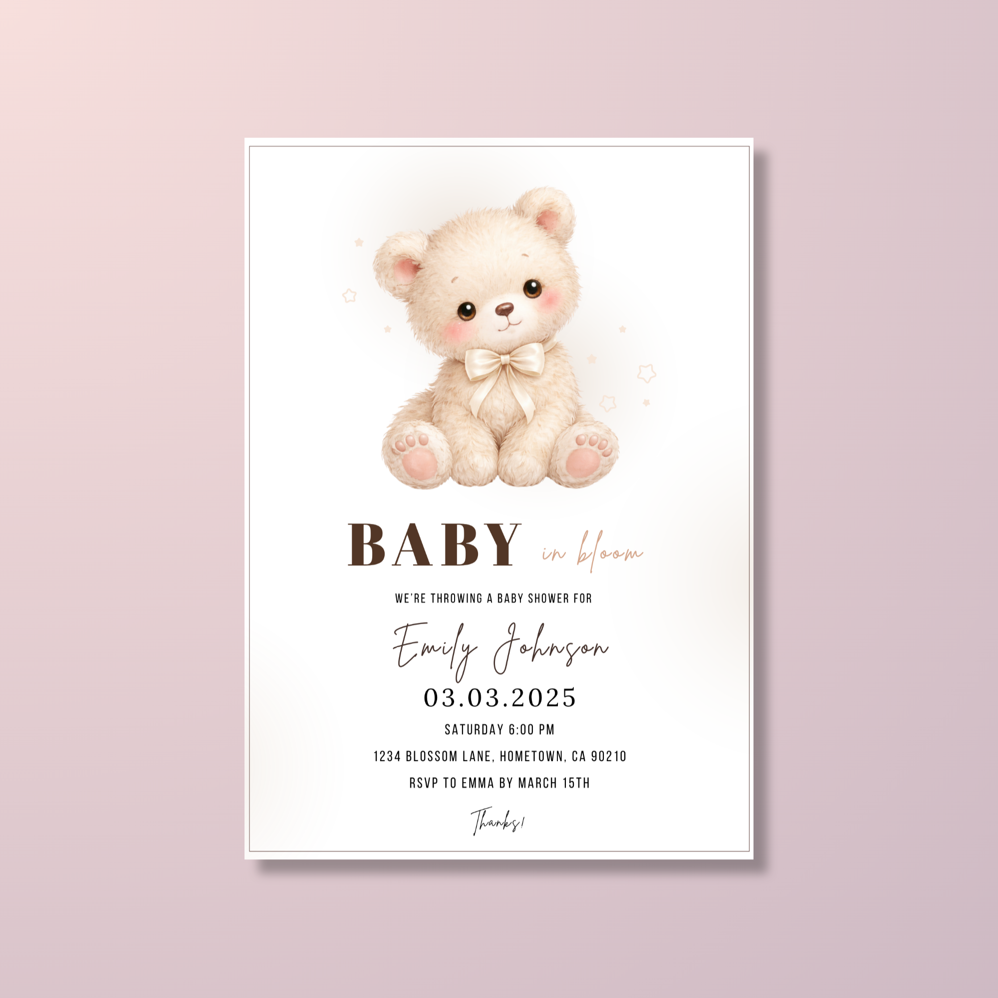 Beige Teddy Bear Baby Shower Invitation