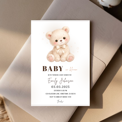 Beige Teddy Bear Baby Shower Invitation