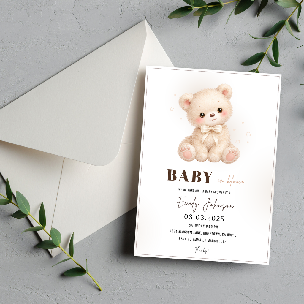 Beige Teddy Bear Baby Shower Invitation
