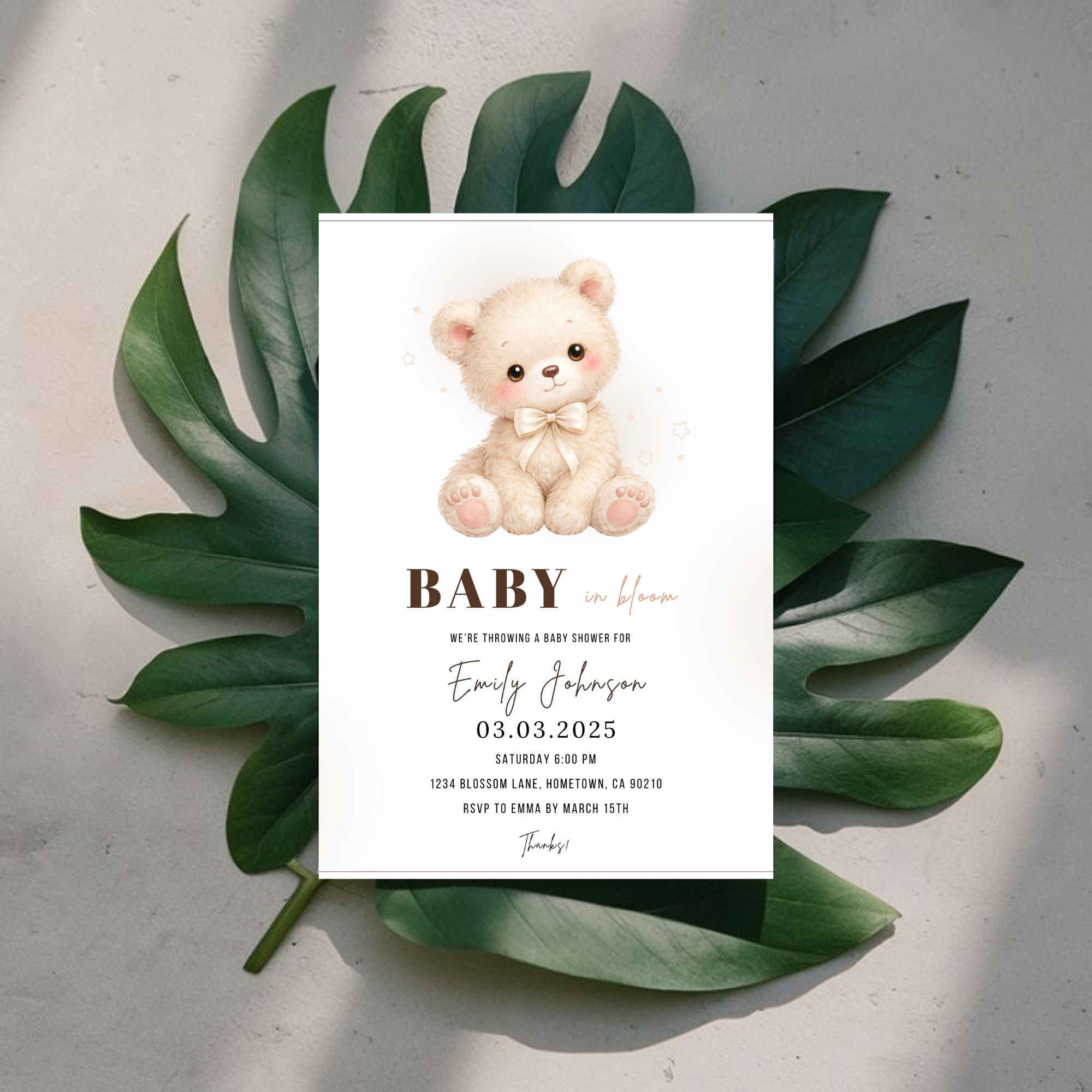 Beige Teddy Bear Baby Shower Invitation