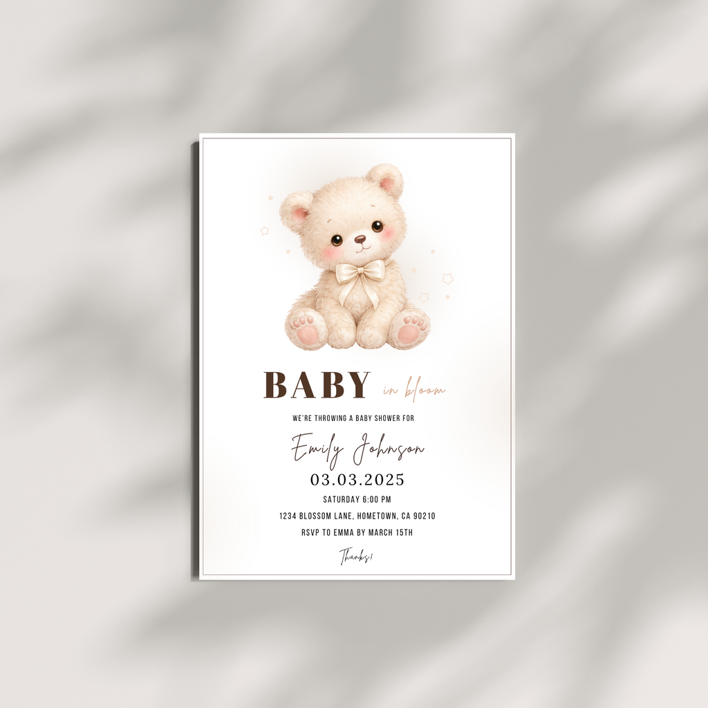 Beige Teddy Bear Baby Shower Invitation