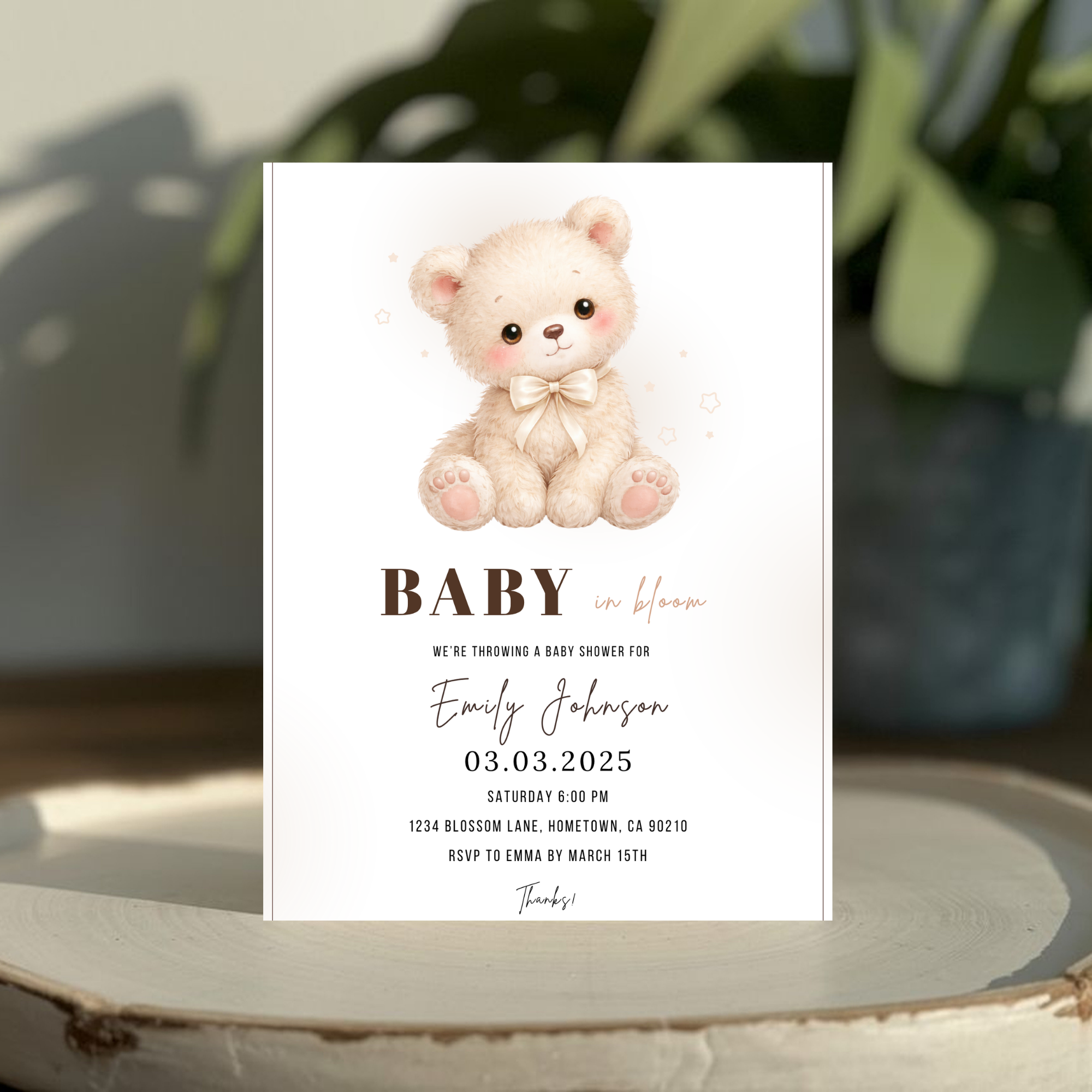 Beige Teddy Bear Baby Shower Invitation