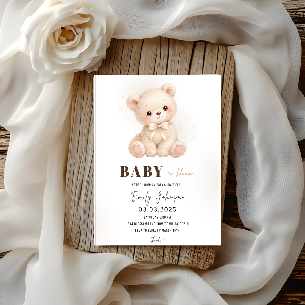 Beige Teddy Bear Baby Shower Invitation