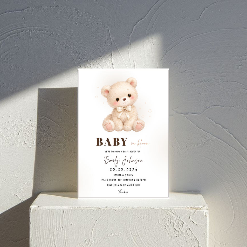 Beige Teddy Bear Baby Shower Invitation