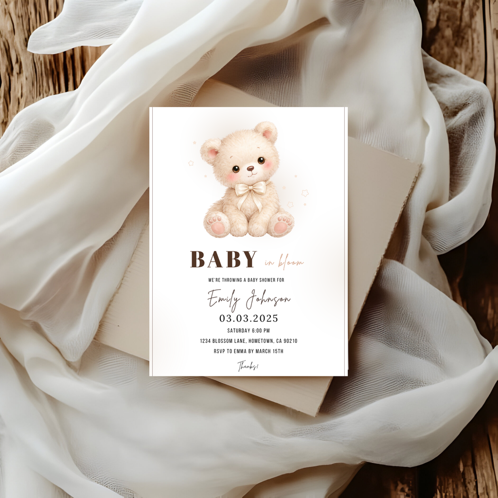 Beige Teddy Bear Baby Shower Invitation