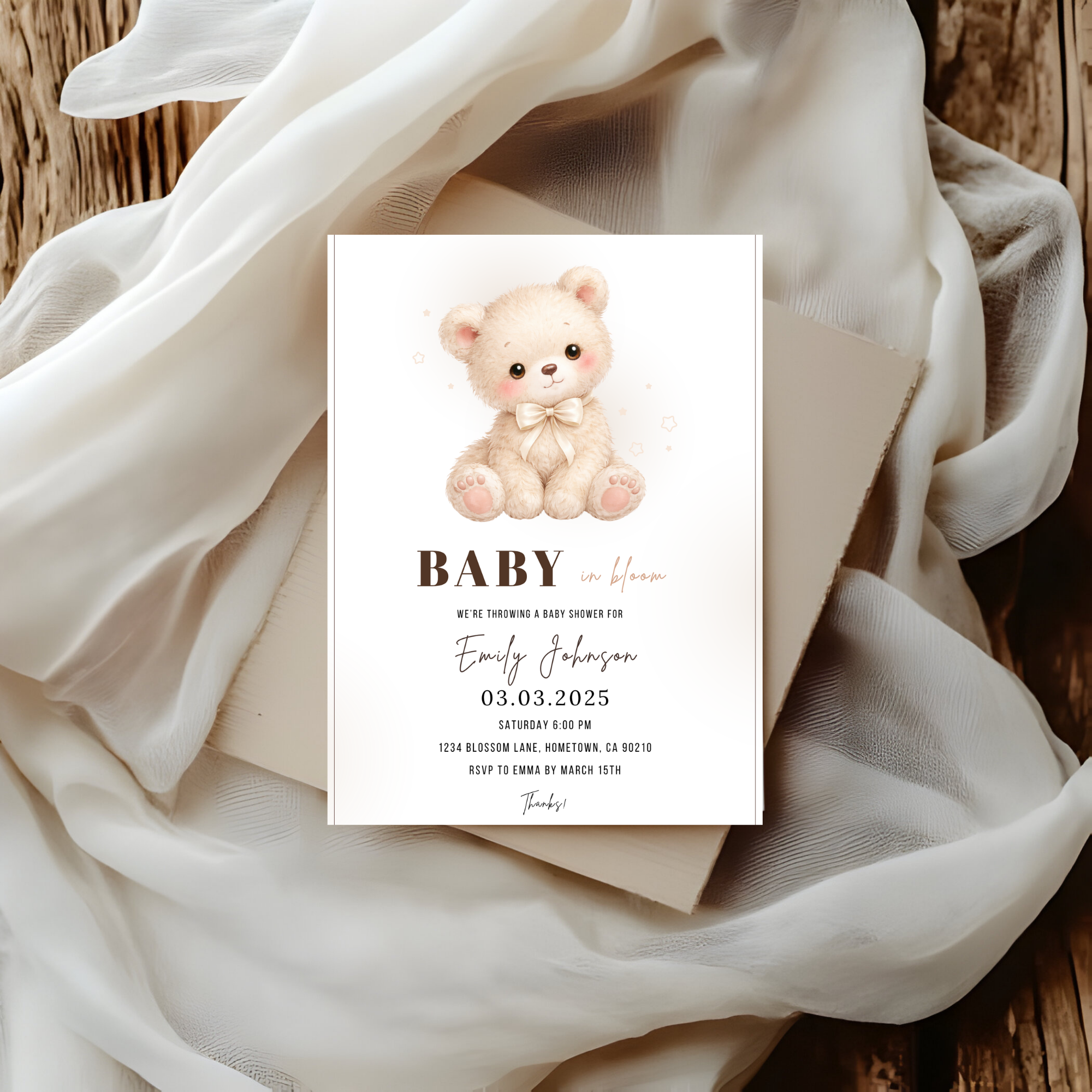 Beige Teddy Bear Baby Shower Invitation