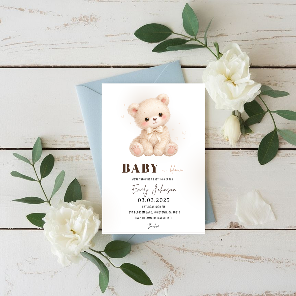 Beige Teddy Bear Baby Shower Invitation