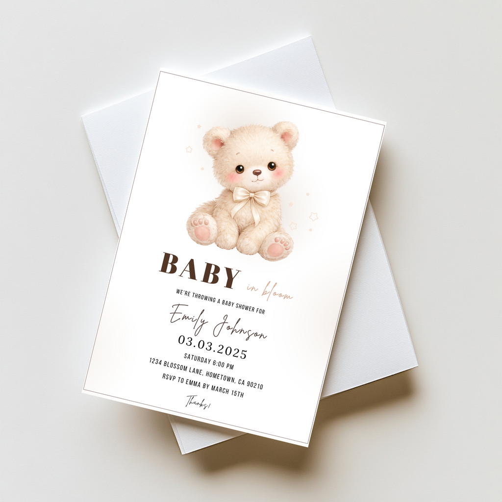 Beige Teddy Bear Baby Shower Invitation